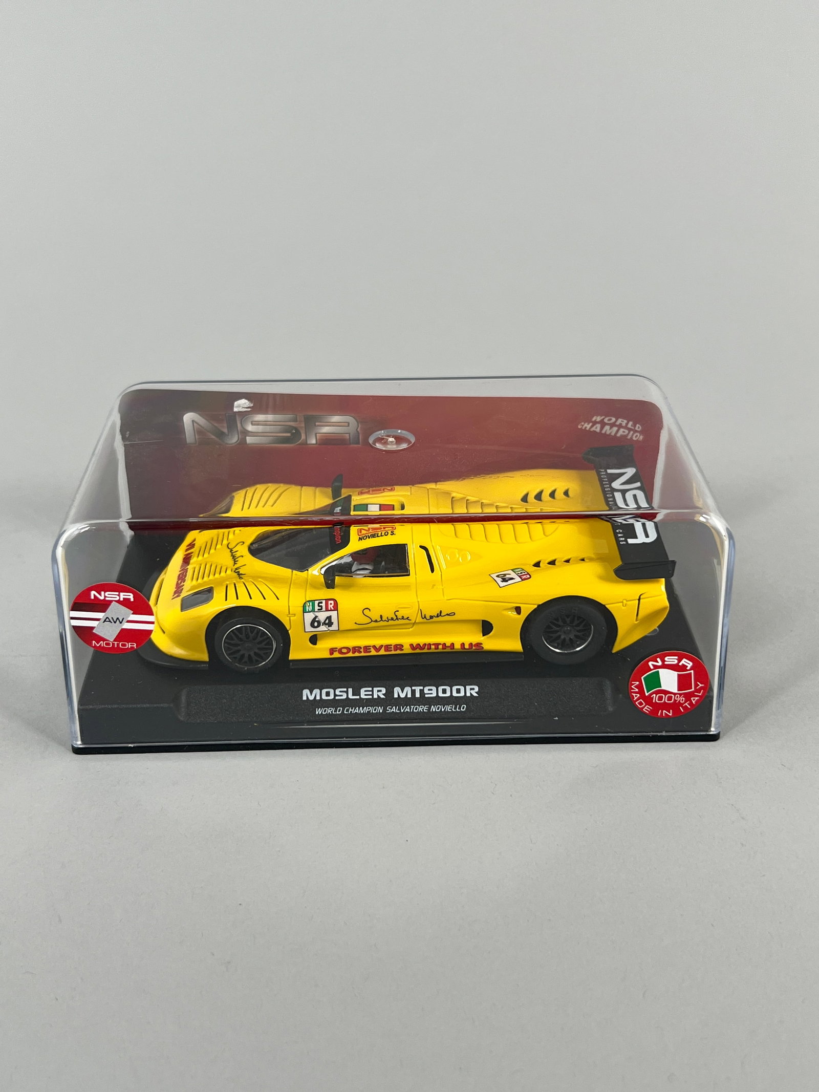 NSR Mosler MT900R EVO5 #64: NSR 0128 Mosler MT900R EVO5 7th Ann. World Champion Salvatore Noviello #64 1/32 Slot Car, in its original case. Weight 7 oz.