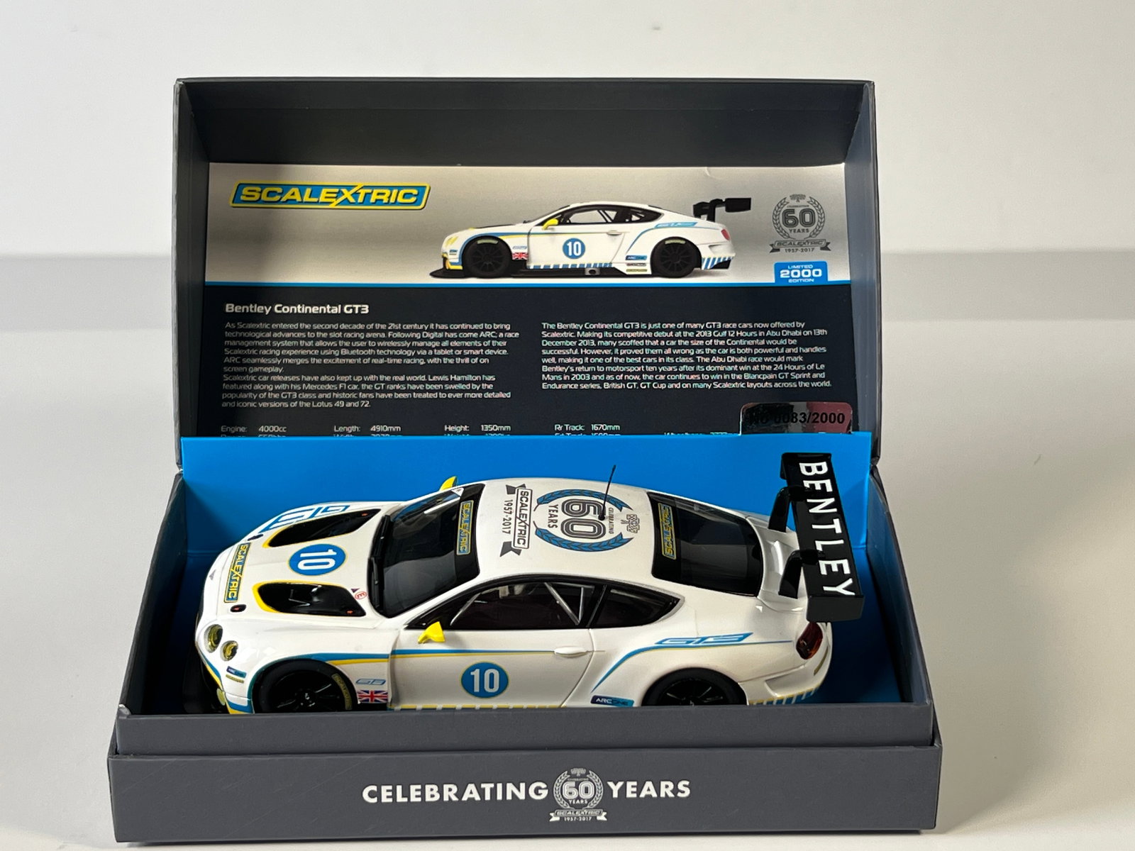 Scalextric Bentley Continental GT3 #10: Scalextric Bentley Continental GT3 #10 1/32 Slot Car, with original case. Weight: 9 oz. Limited edition 0083/2000. 