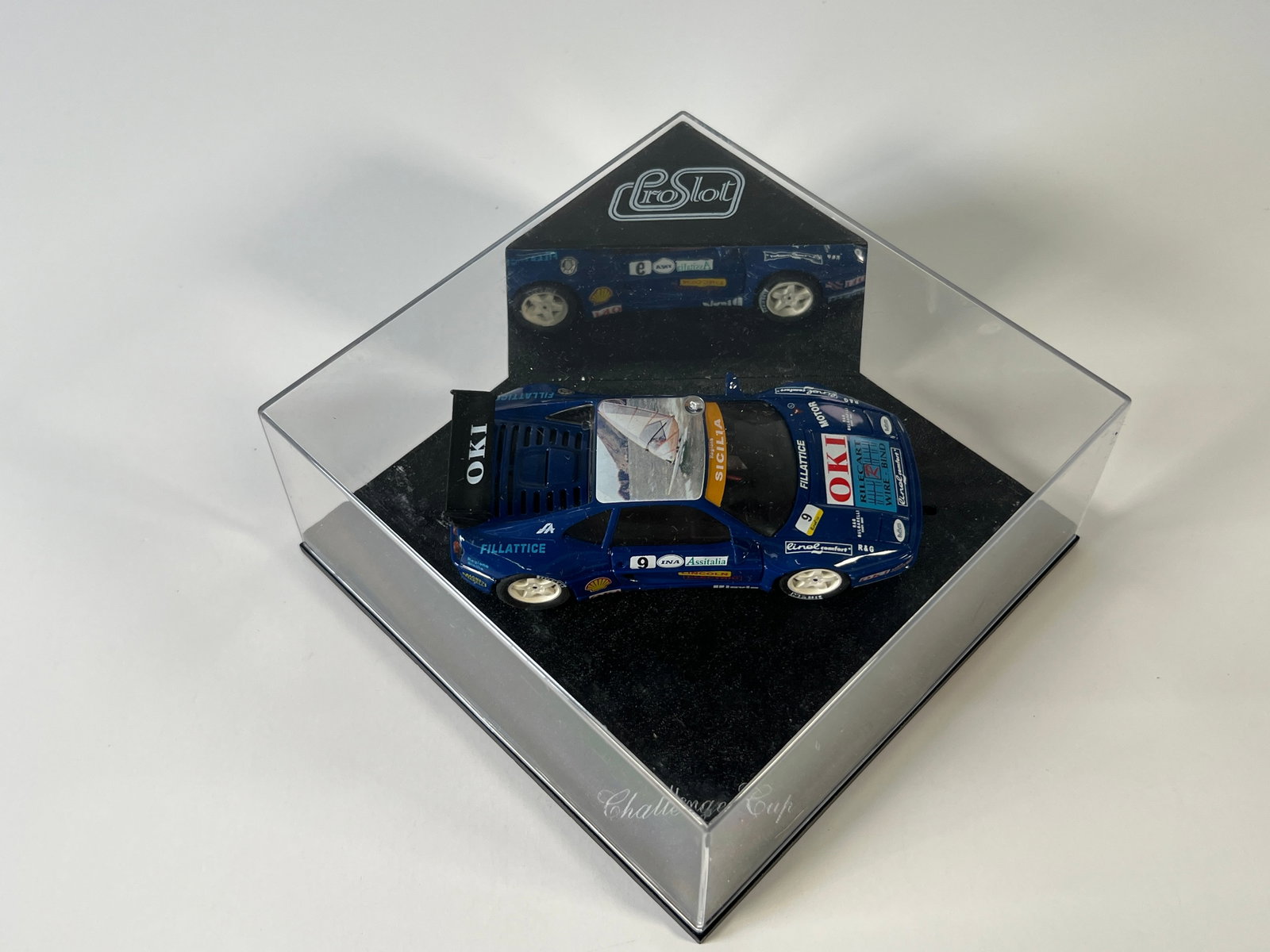 ProSlot Ferrari F355 Challenge Cup #9: ProSlot Ferrari F355 Challenge Cup #9 Oki 1/32 Slot Car. Reference #PS1016, with original case. Case measures 6.25 inches in length and the total weight is 10 oz.