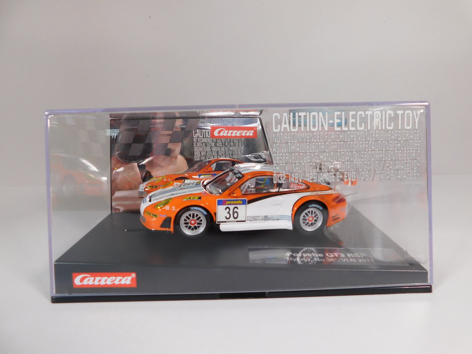 Carrera Evolution Porsche GT3 RSR Hybrid #36: Carrera Evolution Porsche GT3 RSR Hybrid #36 1/32 VLN2011 Slot Car. Reference #27480, with original case. Weight: 15.8 oz. Digitally Upgradeable.