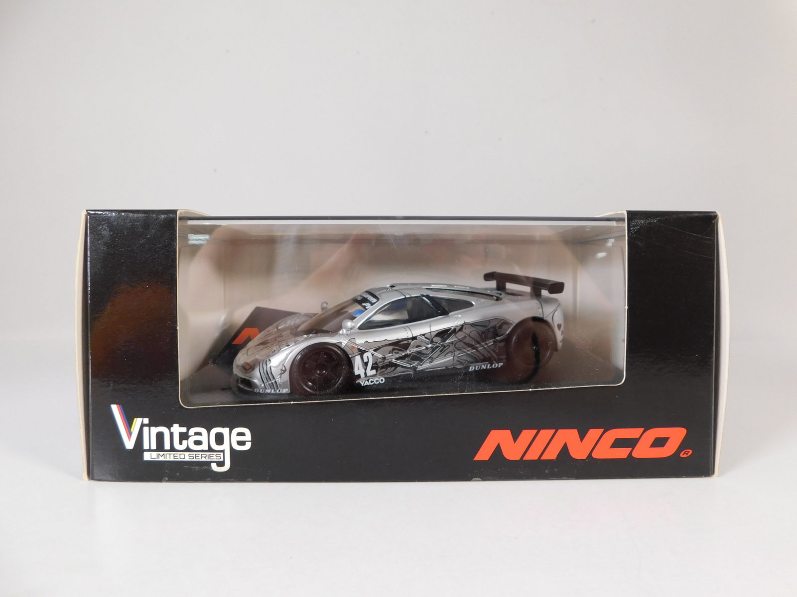 Ninco Vintage McLaren F1 GTR ArtCar #42: Ninco Vintage McLaren F1 GTR ArtCar #42 Dunlop 1/32 Slot Car. Reference #50568, with original case. Weight: 11.4 oz.