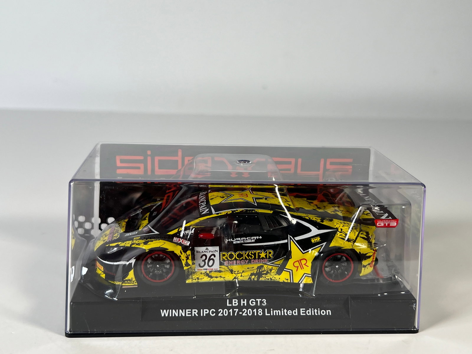 Sideways LB H GT3 Winner IPC 2017-2018 Limited Edition #36: Sideways LB H GT3 Winner IPC 2017-2018 Limited Edition #36 RockStar 1/32 Slot Car. Reference #SWCAR01G, with original case. Weight: 7.4 oz.