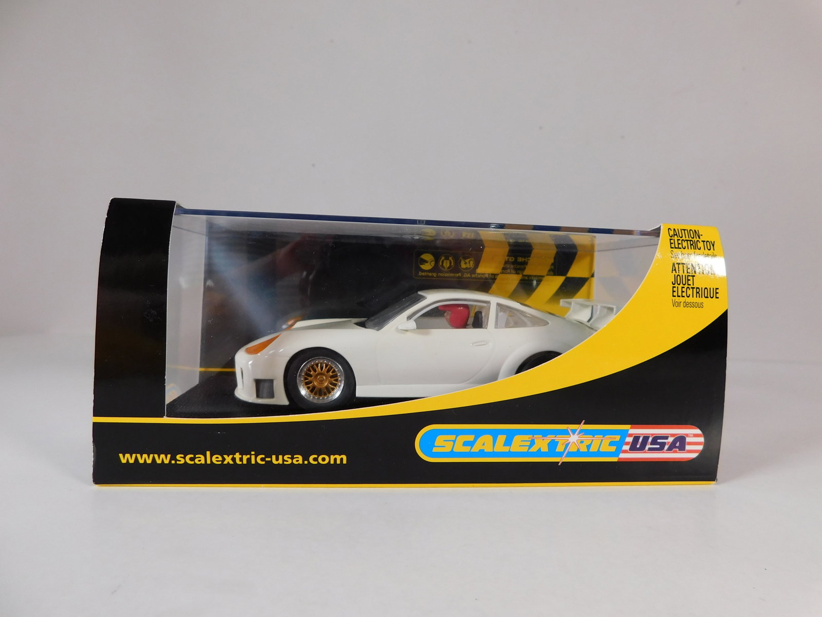 Scalextric USA Porsche GT3R Plain White: Scalextric USA Porsche GT3R Plain White 1/ 32 Slot Car. Reference #C2629, with original case. Weight: 7.9 oz.