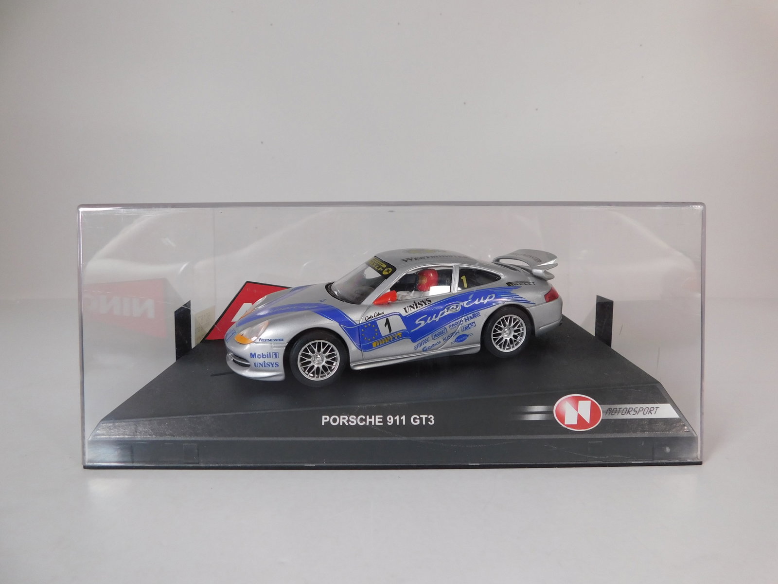 Ninco Porsche 911 GT3 #1: Ninco Porsche 911 GT3 #1 Westminster 1/32 Slot Car. Reference #50187, with original case. Weight: 9.6 oz.