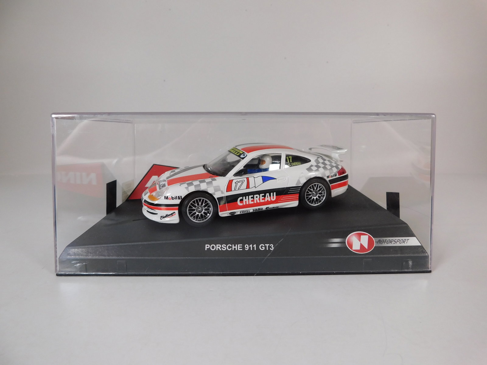 Ninco Porsche 911 GT3 #17: Ninco Porsche 911 GT3 #17 Chereau 1/32 Slot Car. Reference #50227, with original case. Weight: 10 oz.