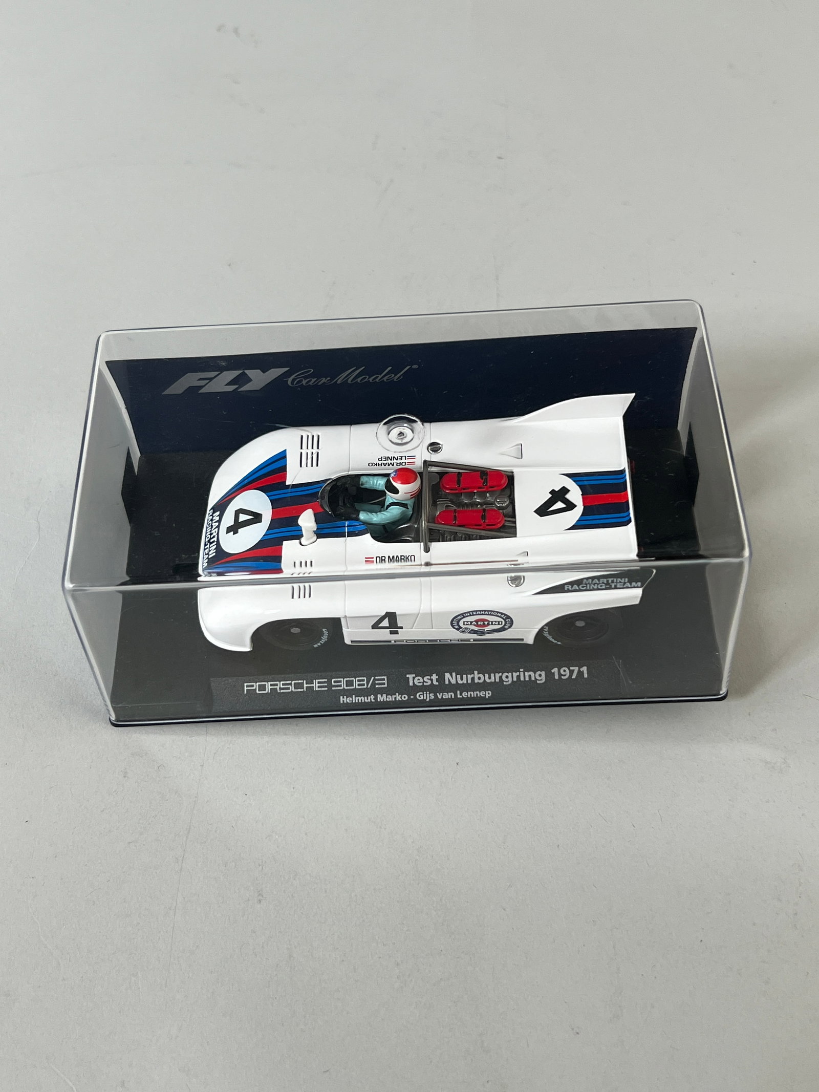 FLY Car Model Porsche 908/3 Test Nurburgring 1971 #4: FLY Car Model Porsche 908/3 Test Nurburgring 1971 #4 Martini 1/32 Slot Car, with original case. Reference #88056. Dimensions: 6 5/8" x 3 1/2" x 2 5/8". Weight: 6.2oz.