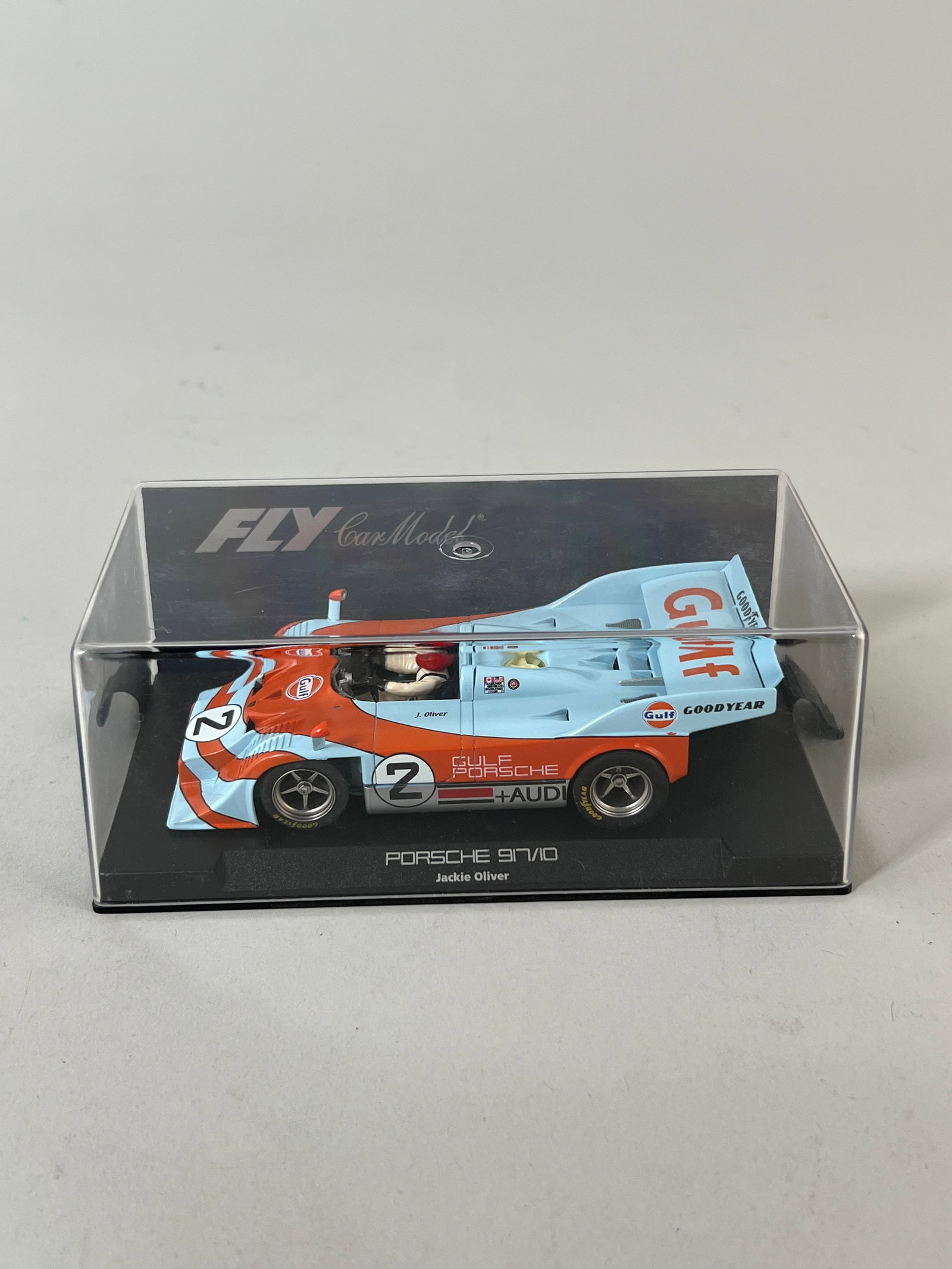 Fly Car Model Porsche 917/10 #2: Fly Car Model Porsche 917/10 #2 Gulf 1/32 Slot Car. The car is presented in its original display case. Weight: 6.5 oz. Measurements: 2.75" x 6.5" x 3.5".
