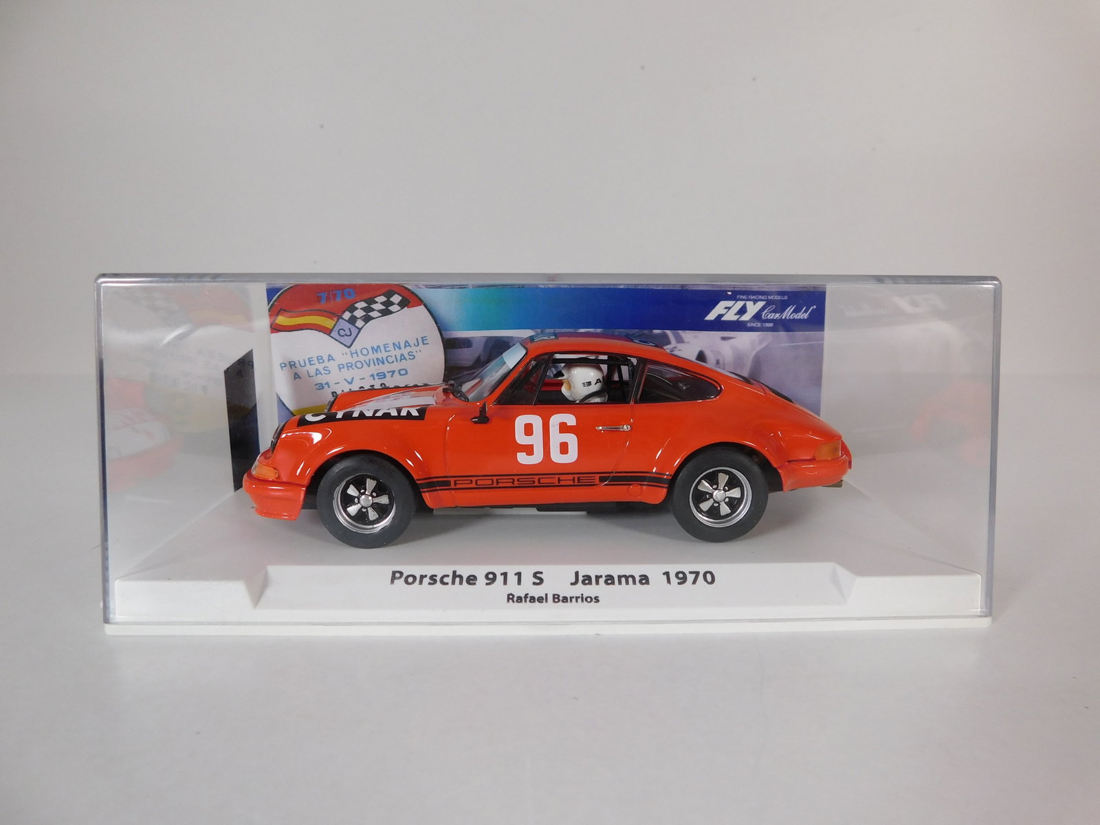 Fly Car Model Porsche 911 S Jarama 1970 #96: Fly Car Model Porsche 911 S Jarama 1970 Rafael Barrios Homenaje a las Provincias #96 Cynar 1/32 Slot Car. Reference #99106, with original case. Weight: 6.3 oz.