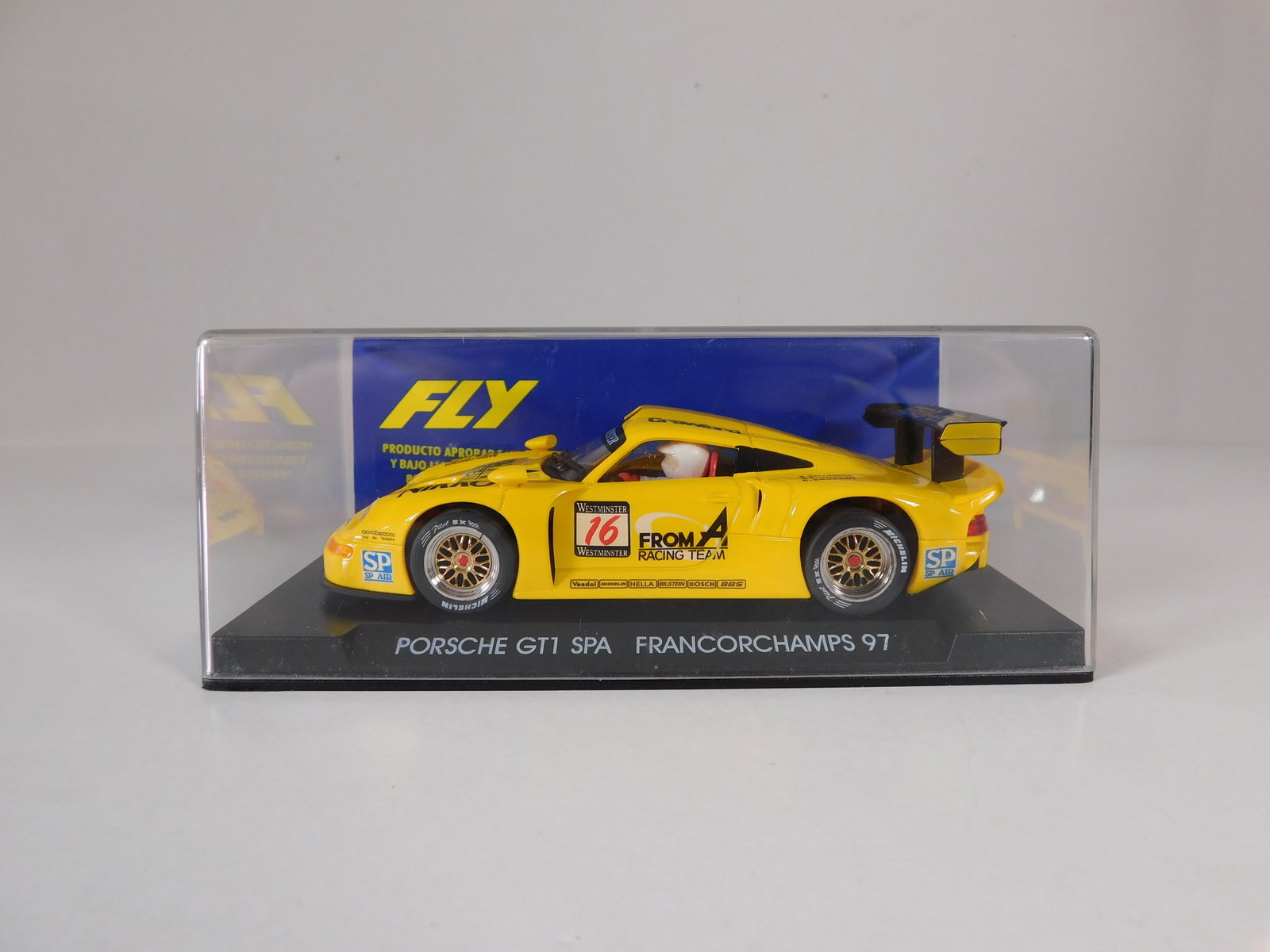 Fly Porsche GT1 Spa Francorchamps 1997 #16: Fly Porsche GT1 Amarillo Spa Francorchamps 97 #16 Nikko 1/32 Slot Car. Reference #A36, with original case. Weight: 6.7 oz.