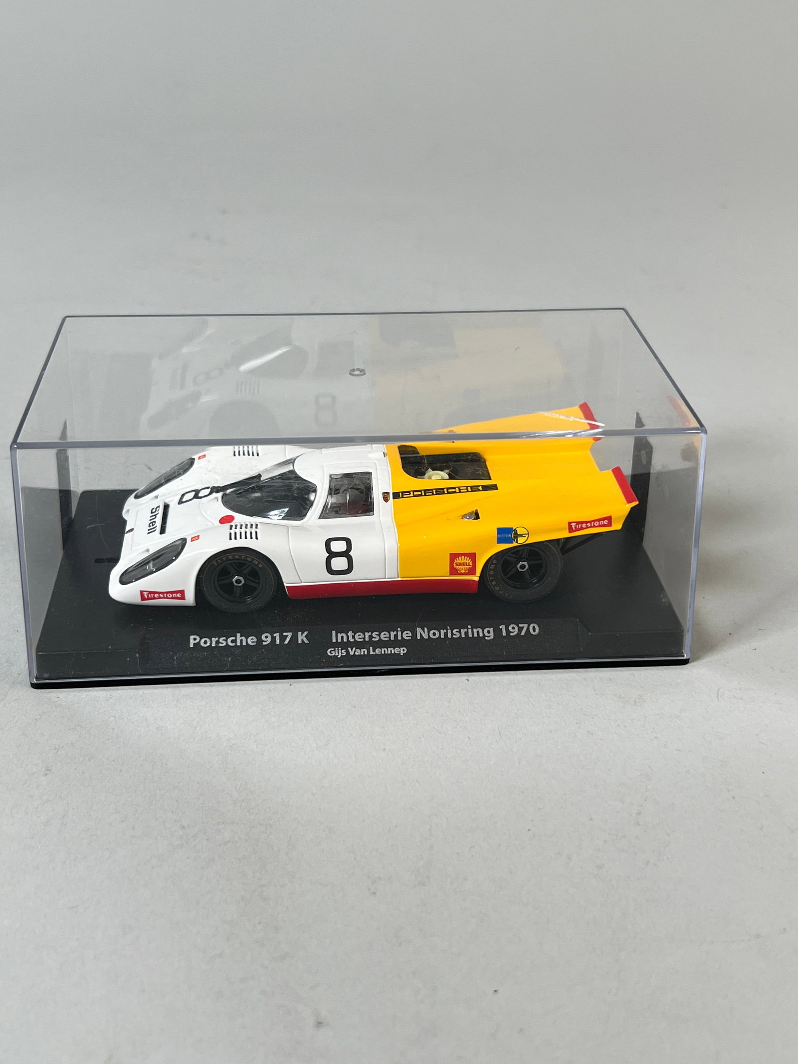 Fly Car Model Porsche 917 K Interserie Norisring 1970 #8: Fly Car Model Porsche 917 K 1/32 slot car, raced in the Interserie Norisring in 1970, car number 8, sponsored by Shell, presented in its original case. Dimensions: 3" x 6.25" x 3.25&quo