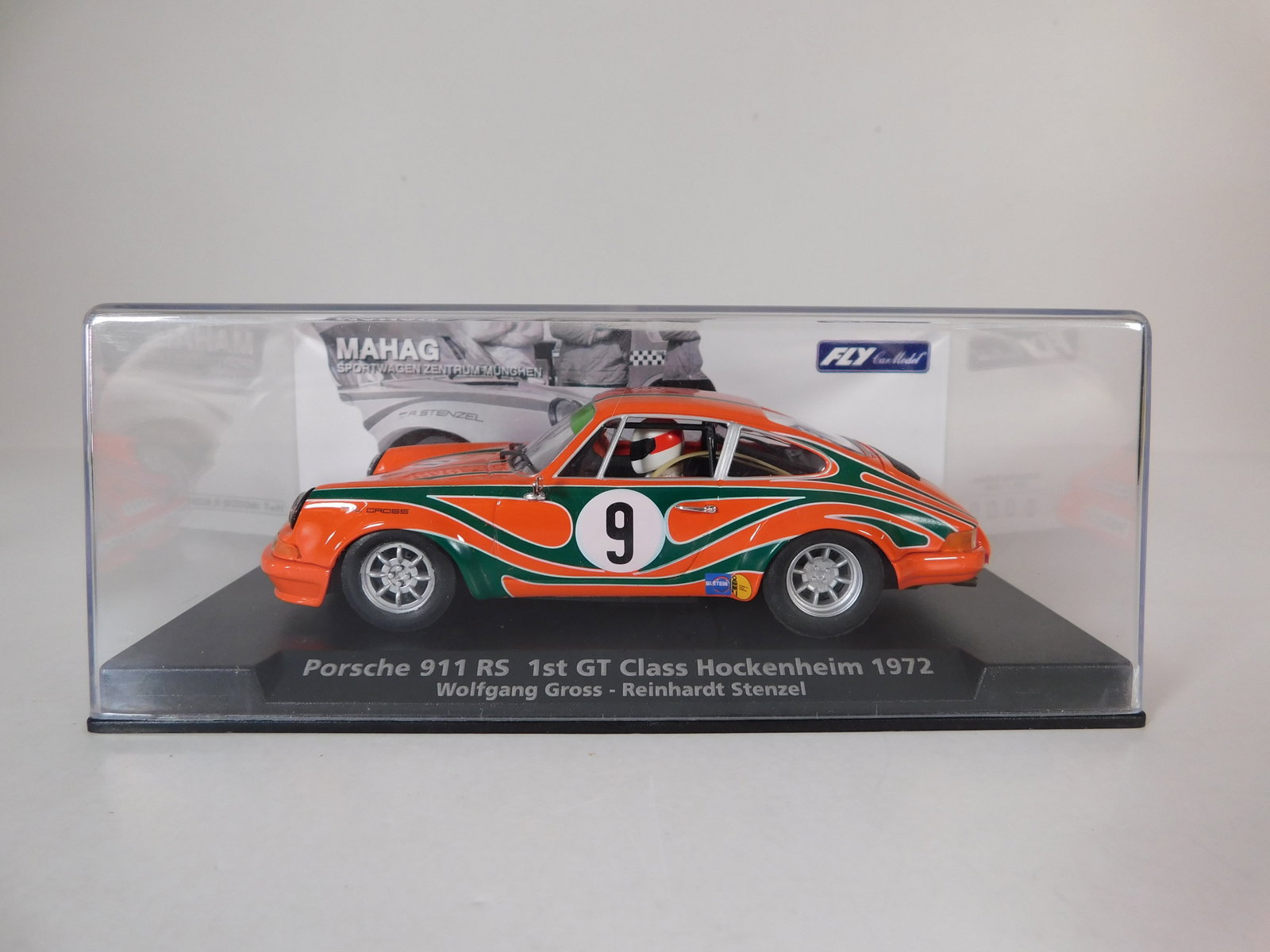 Fly Car Model Porsche 911 RS 1st GT Class Hockenheim 1972 #9: Fly Car Model Porsche 911 RS 1st GT Class Hockenheim 1972 Gross - Stenzel #9 1/32 Slot Car. Reference #99018, with original case. Weight: 6.4 oz.