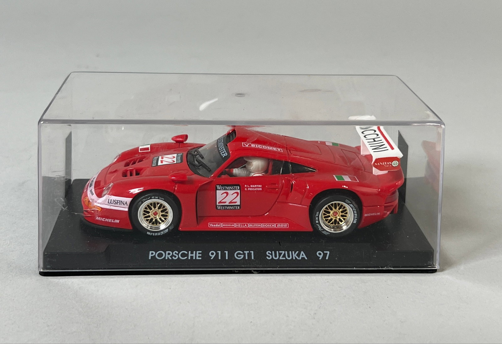 Fly Porsche 911 GT1 Suzuka '97 #22: Fly Porsche 911 GT1 Suzuka '97 #22 Lucchini 1/32 Slot Car, with original case. Dimensions: 3" x 6.25" x 3.25". Weight: 6.7oz.