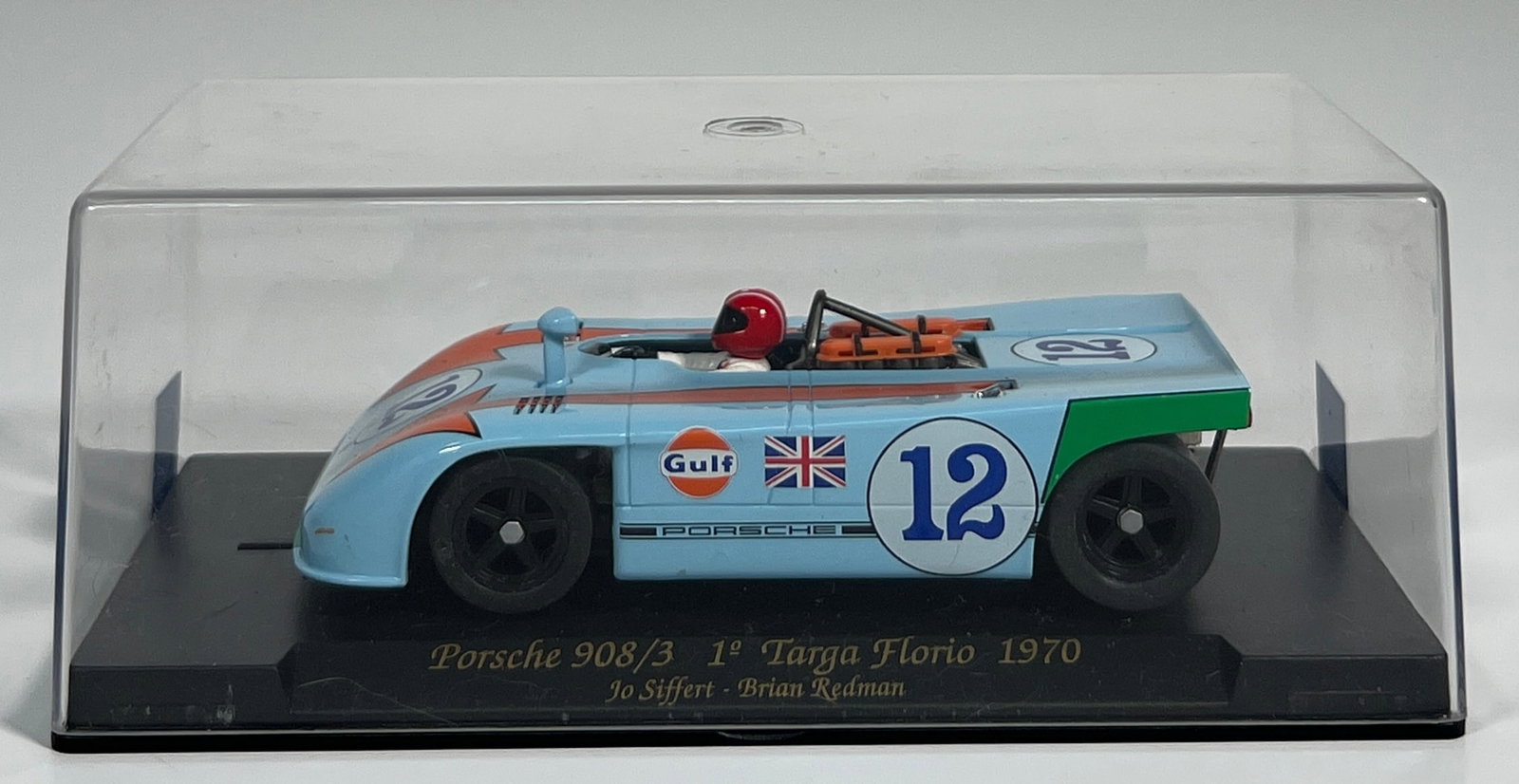 Porsche 908/3 1st Targa Florio 1970 #12: Porsche 908/3 1st Targa Florio 1970 Siffert-Redman #12 Gulf 1/32 Slot Car, with original case. Weight: 5oz.