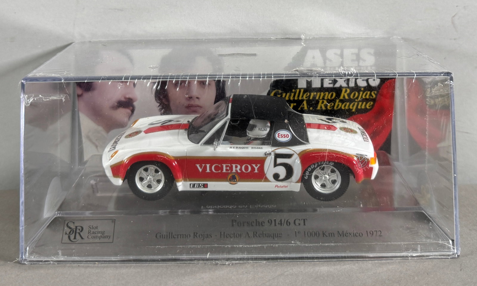 SRC Ases Mexico Porsche 914/6 GT 1st 1000 km Mexico 1972 #5: SRC Ases Mexico Porsche 914/6 GT Guillermo Rojas - Hector A. Rebaque 1st 1000 km Mexico 1972 #5 Viceroy 1/32 Slot Car. Reference #01607, with original case. 