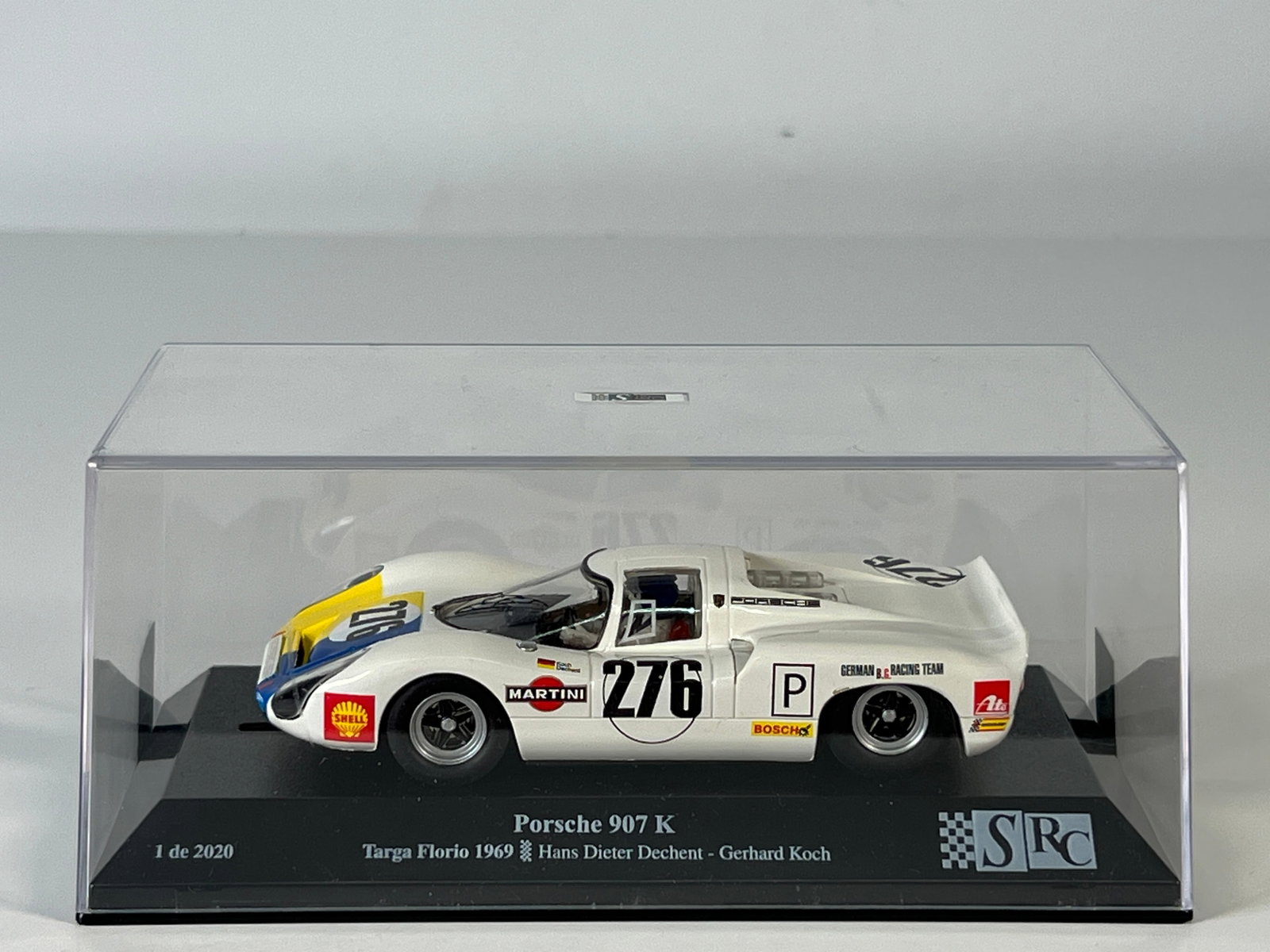 SRC Porsche 907 K Targa Florio 1969 #276: SRC Porsche 907 K Targa Florio 1969 Dechent - Koch #276 Martini 1/32 Slot Car, with original case. Weight: 7.3 oz.