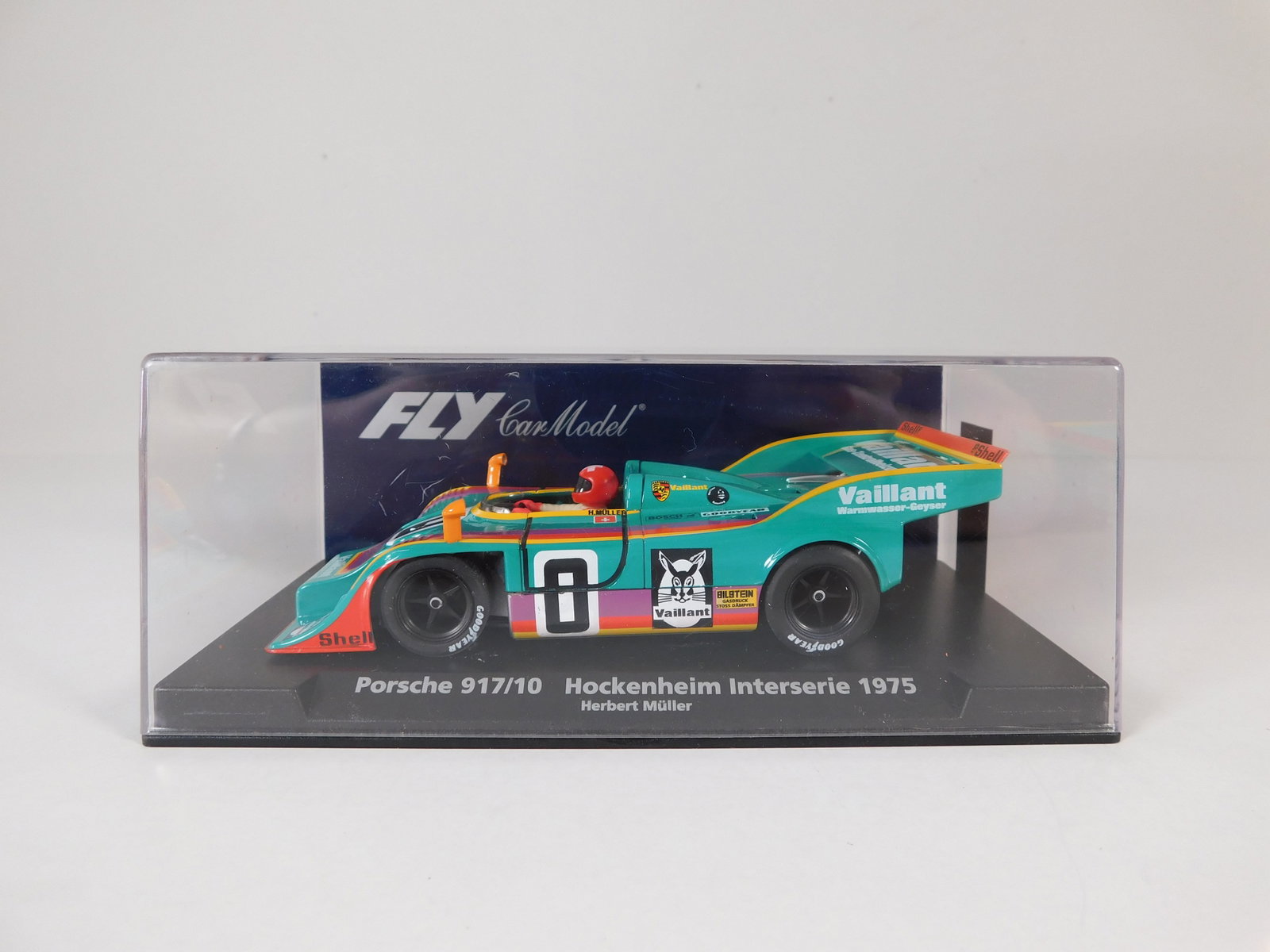 Fly Car Model Porsche 917/10 Hockenheim Interserie 1975 #0: Fly Car Model Porsche 917/10 Hockenheim Interserie 1975 Herbert Muller #0 Vaillant 1/32 Slot Car A-163. Reference #88149, with original case. Weight: 6.5 oz. 