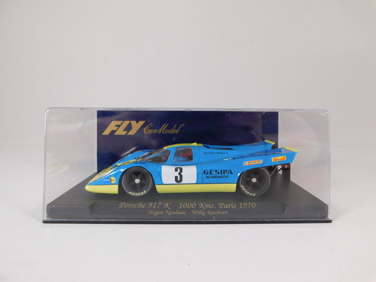 Fly Car Model Porsche 917K 1000 Kms. Paris 1970 #3: Fly Car Model Porsche 917K 1000 Kms. Paris 1970 Neuhaus-Kauhsen #3 Gesipa 1/32 Slot Car. Reference #C83, with original case. Weight: 6.5 oz.
