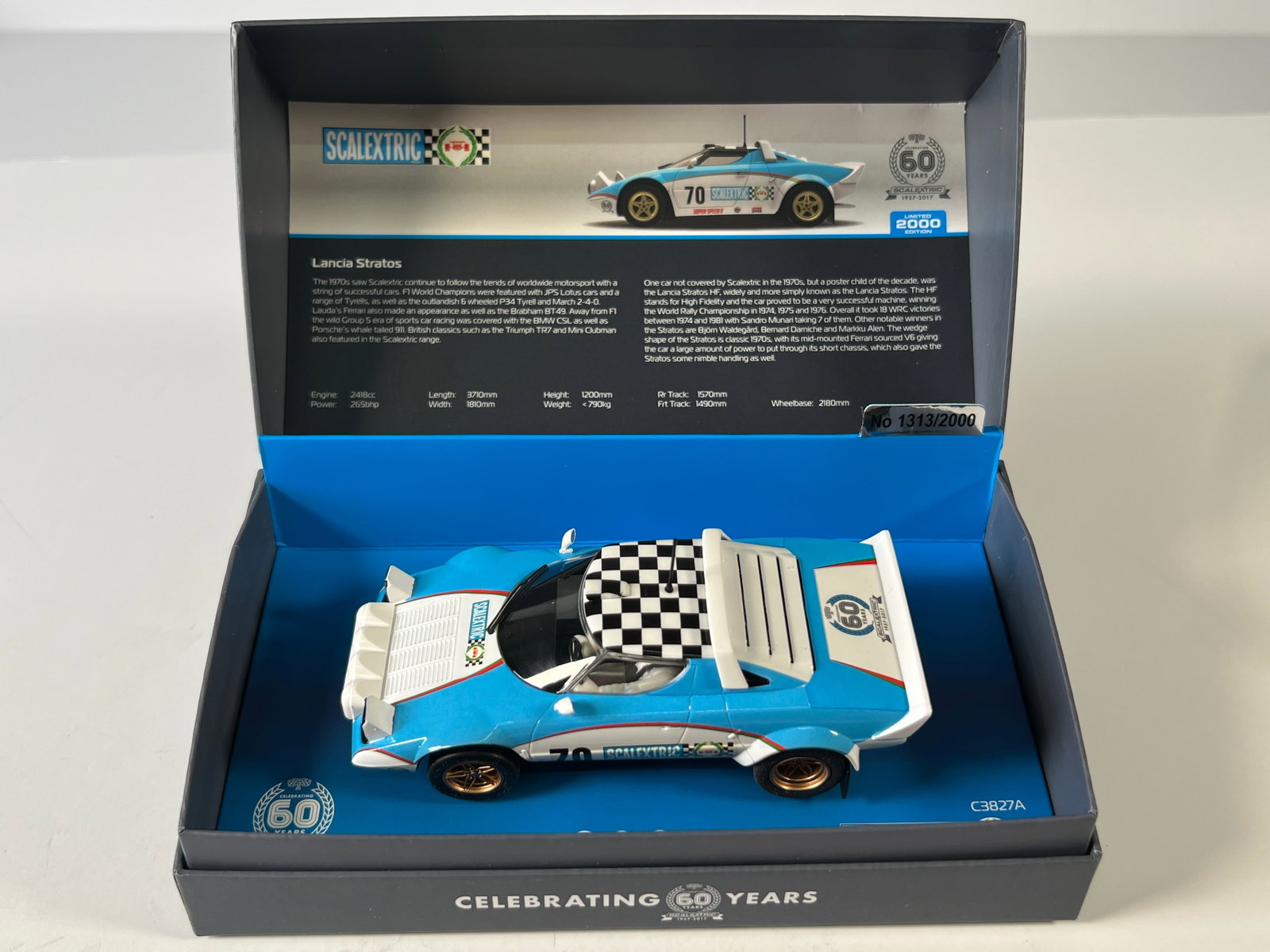 Scalextric Lancia Stratos Celebrating 60 Years #70: Scalextric Lancia Stratos Celebrating 60 Years #70 1/32 Slot Car. Reference #C3827A, with original case. Weight: 8 oz.