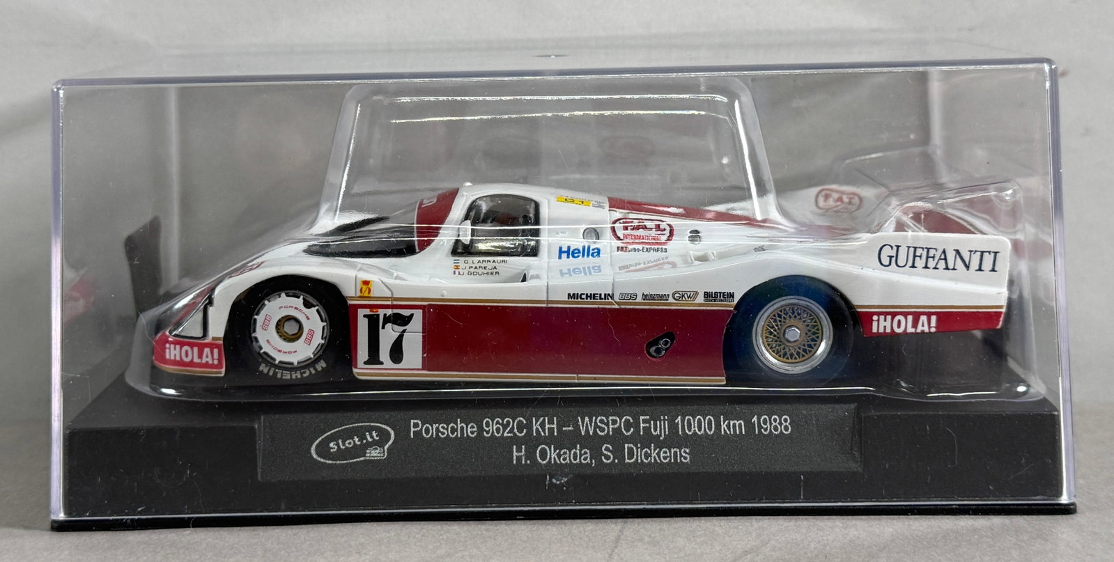 Slot.it Porsche 962C KH - WSPC Fuji 1000 km 1988 #17: Slot.it Porsche 962C KH - WSPC Fuji 1000 km 1988 H. Okada, S. Dickens #17 Guffanti 1/32 Slot Car, with original case. 