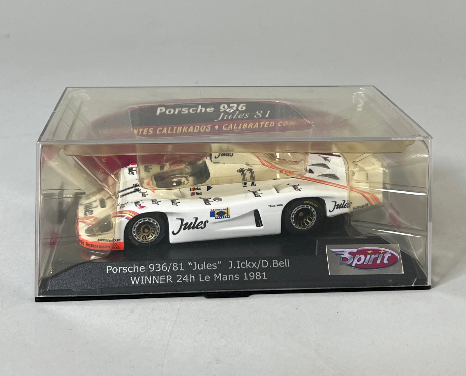 Spirit Porsche 936/81 Winner 24h Le Mans 1981 #11: Spirit Porsche 936/81 "Jules" J.Ickx/D.Bell Winner 24h Le Mans 1981 #11 1/32 Slot Car, with original case. Case dimensions: 3.25" x 7" x 4.25". Weight: 7.4oz.