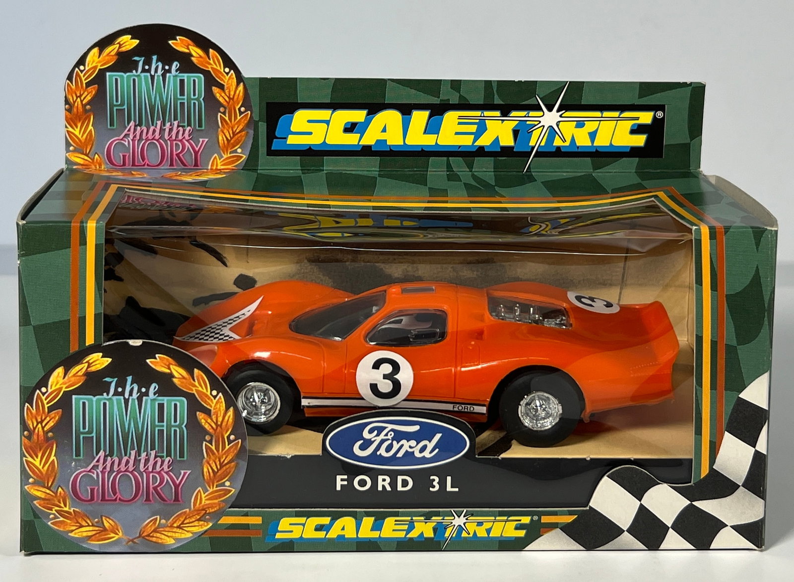Scalextric Ford 3L #3 'The Power and the Glory': Scalextric Ford 3L #3 'The Power and the Glory' 1/32 Slot Car, with original case. Case length: 8 inches. Weight: 7 oz.