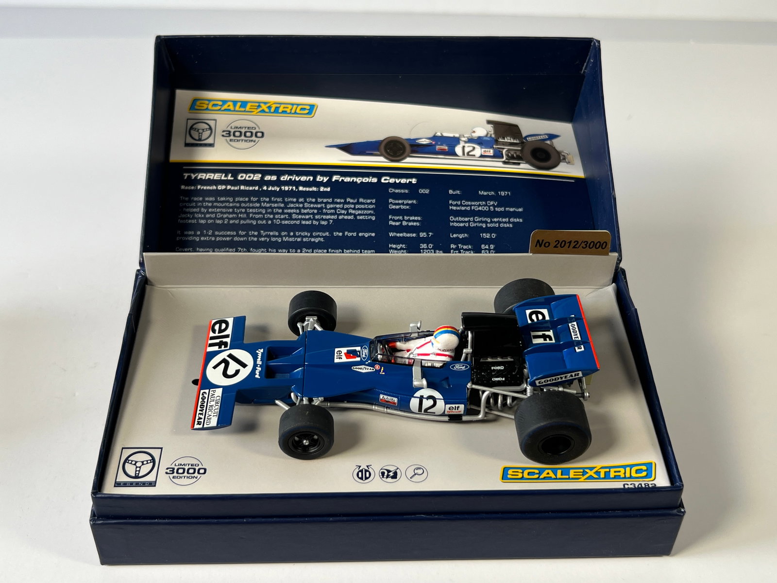 Scalextric Ford Tyrrell 002 - Francois Cevert #12: Scalextric Ford Tyrrell 002 - Francois Cevert #12 Elf 1/32 Slot Car. Reference #C3482, with original case. Weight: 6 oz. Limited edition #2012/3000