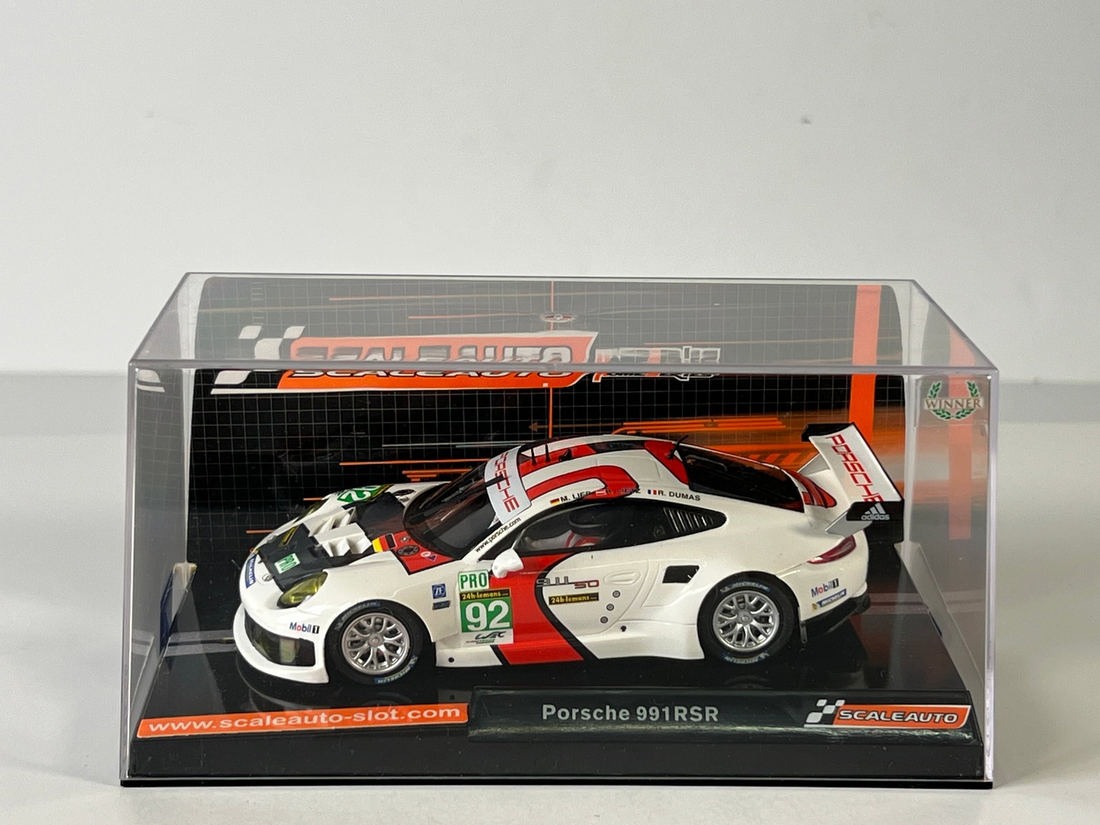 Scaleauto Porsche 991 RSR 24h Le Mans 2013 #92: Scaleauto Porsche 991 RSR 24h Le Mans 2013 #92 Winner Series 1/32 Slot Car. Reference #SC-6065, with original case. Case measures 7 inches in length and weighs 7 oz.
