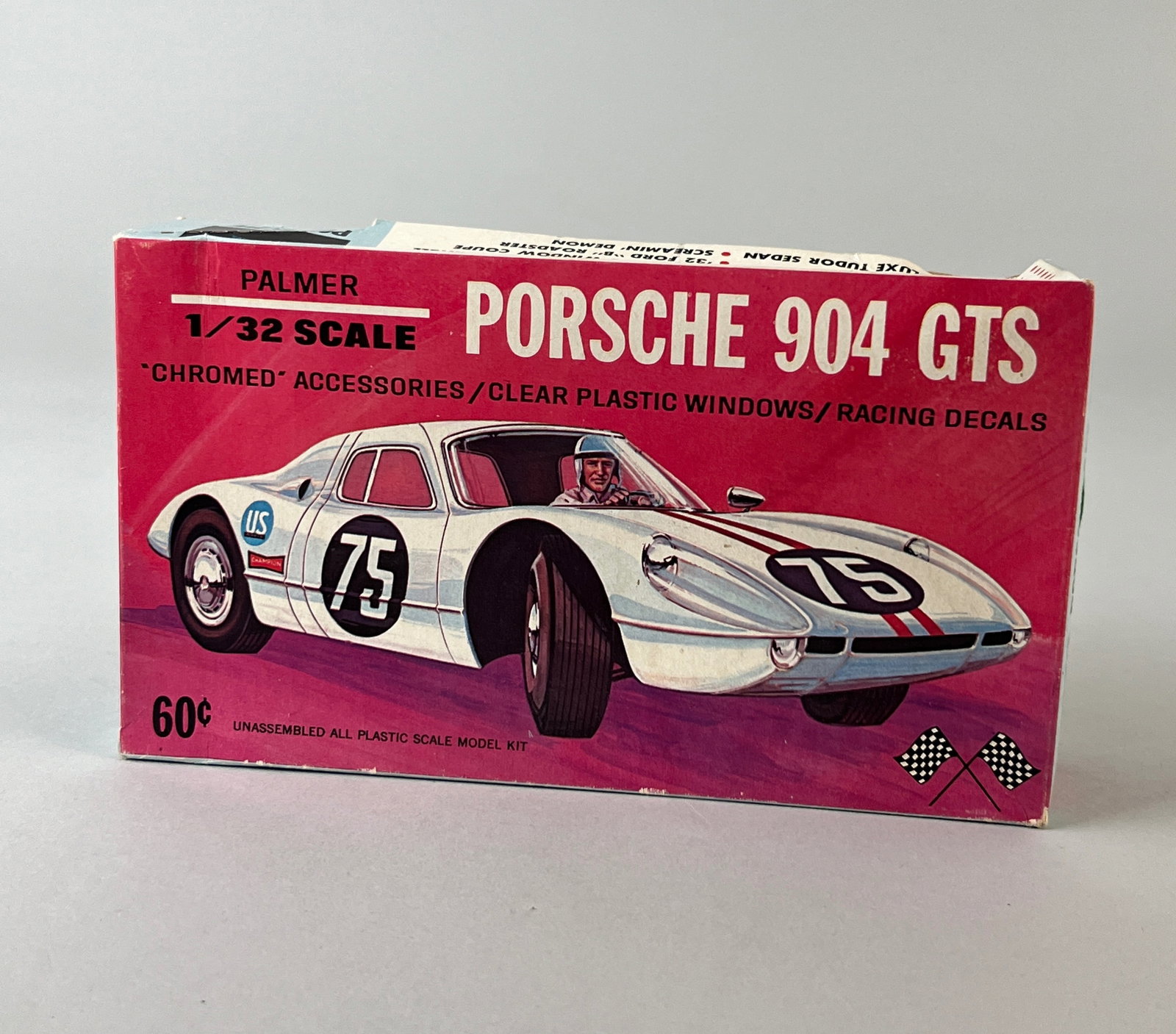 Palmer Porsche 904 GTS Unassembled 1/32 Scale Plastic Model Kit: This is a Palmer 1/32 scale unassembled plastic model kit of the Porsche 904 GTS. The kit features "chromed" accessories, clear plastic windows, and racing decals. The box is in good conditi