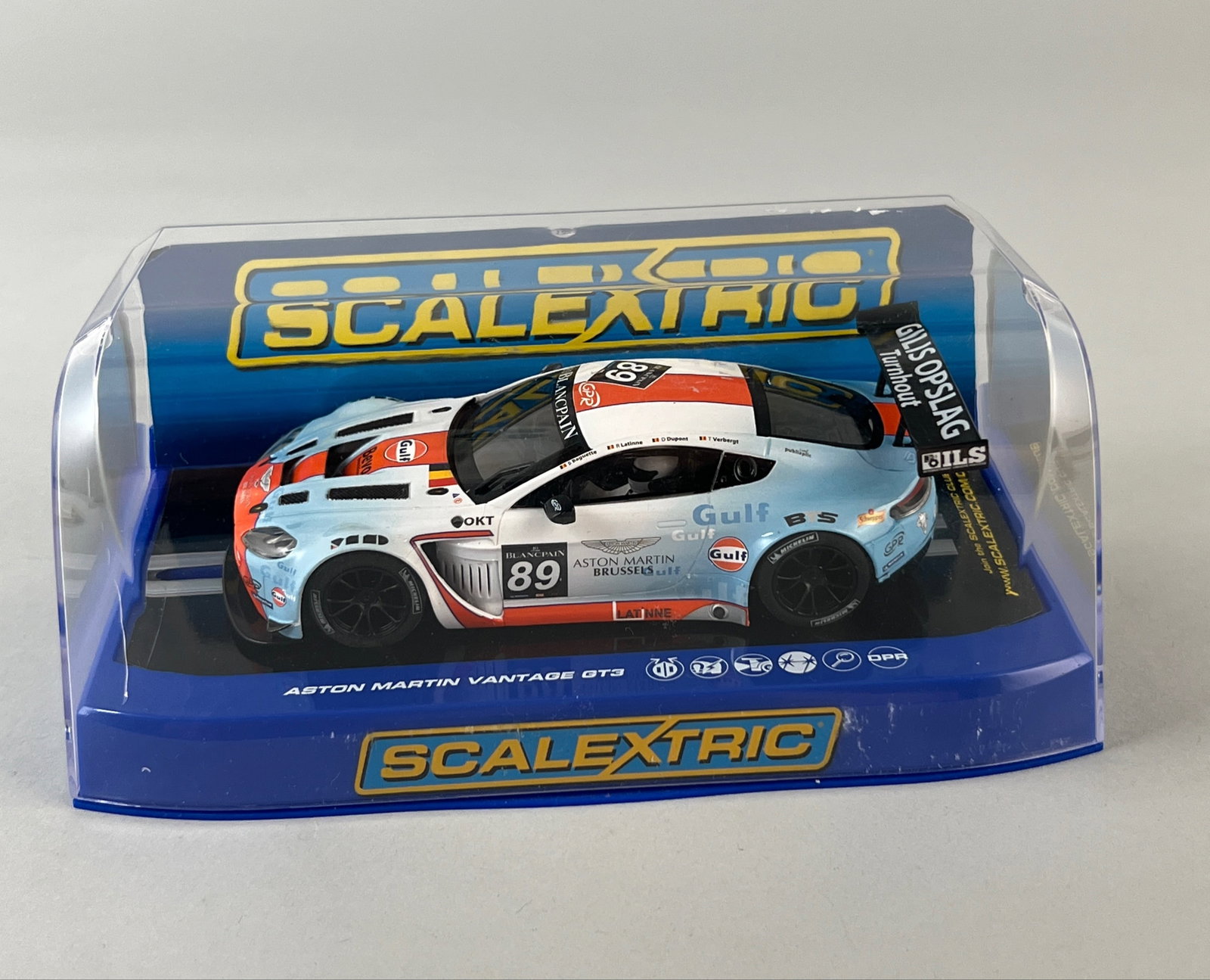 Scalextric Aston Martin Vantage GT3 Spa 24hr 2012 #89: Scalextric Aston Martin Vantage GT3 Spa 24hr 2012 #89 Gulf 1/32 Slot Car. The model is in its original packaging and features detailed livery with sponsor logos. Weight: 8oz. Dimensions: 4''