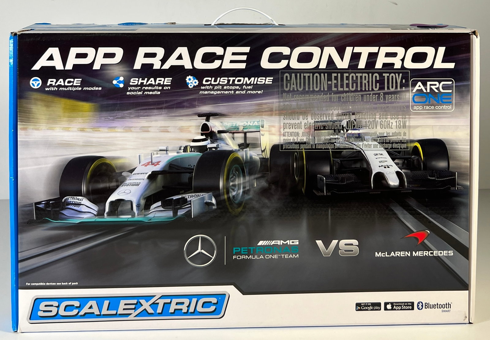 Scalextric ARC ONE Mercedes AMG Petronas F1 vs McLaren Mercedes F1 Slot Car Set: Scalextric ARC ONE App Race Control #44 AMG Petronas F1 Team - #22 McLaren Mercedes 1/32 Slot Car Set, including tracks, with original box. Weight: 194 oz.