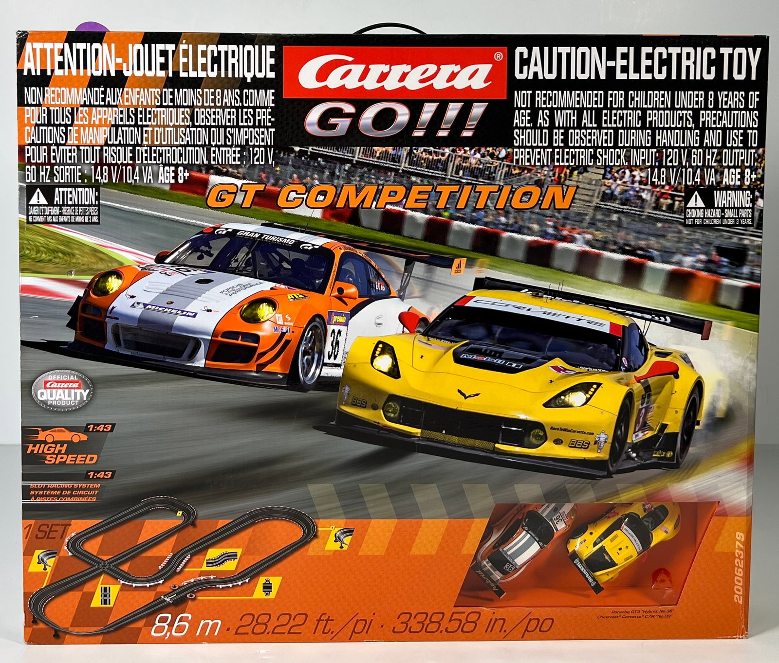Carrera Go!!! GT Competition Slot Car Set: Carrera Go!!! GT Competition #3 Corvette #36 Porsche 1/43 Slot Car Set. Reference #20062379, with original box. Weight: 142 oz.