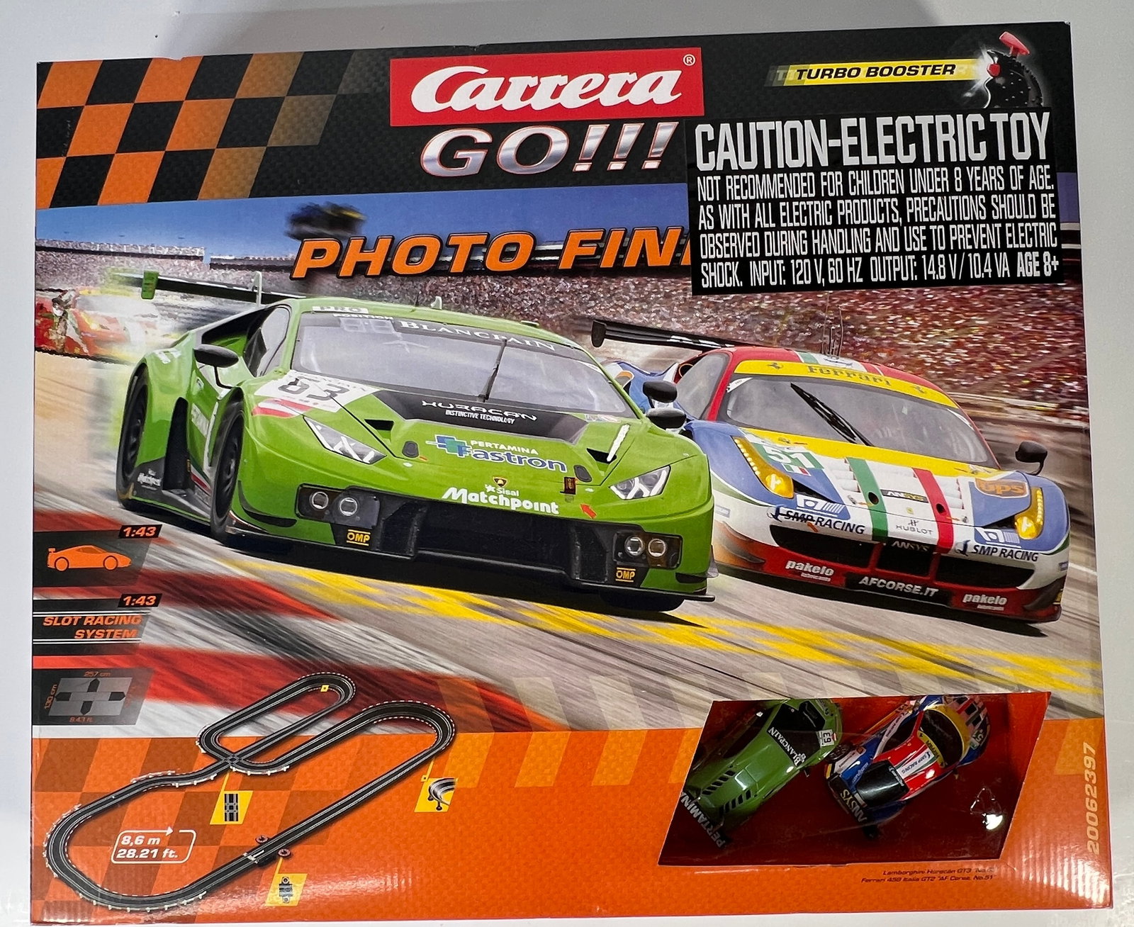 Carrera Go!!! Photo Finish Slot Car Racing Set: Carrera Go!!! Photo Finish 1/43 Slot Car Racing Set, including tracks, with original case. Weight: 138 oz.