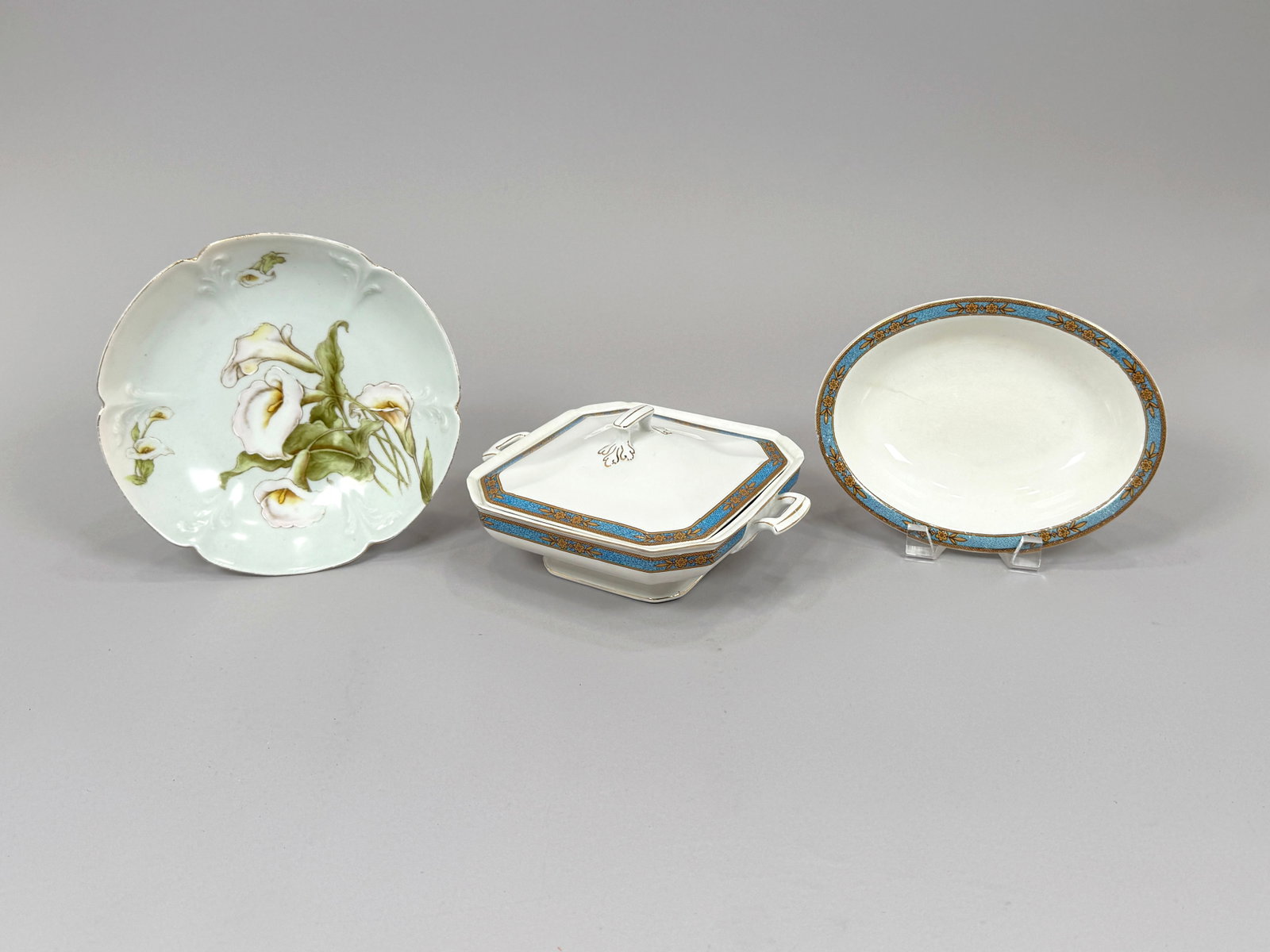 Three European China Dishes: Three European china dishes, including two J&G Meakin serving platters with a gold and blue floral motif and one Bavarian china plate with a calla lily design. All contain makers' stamps on th