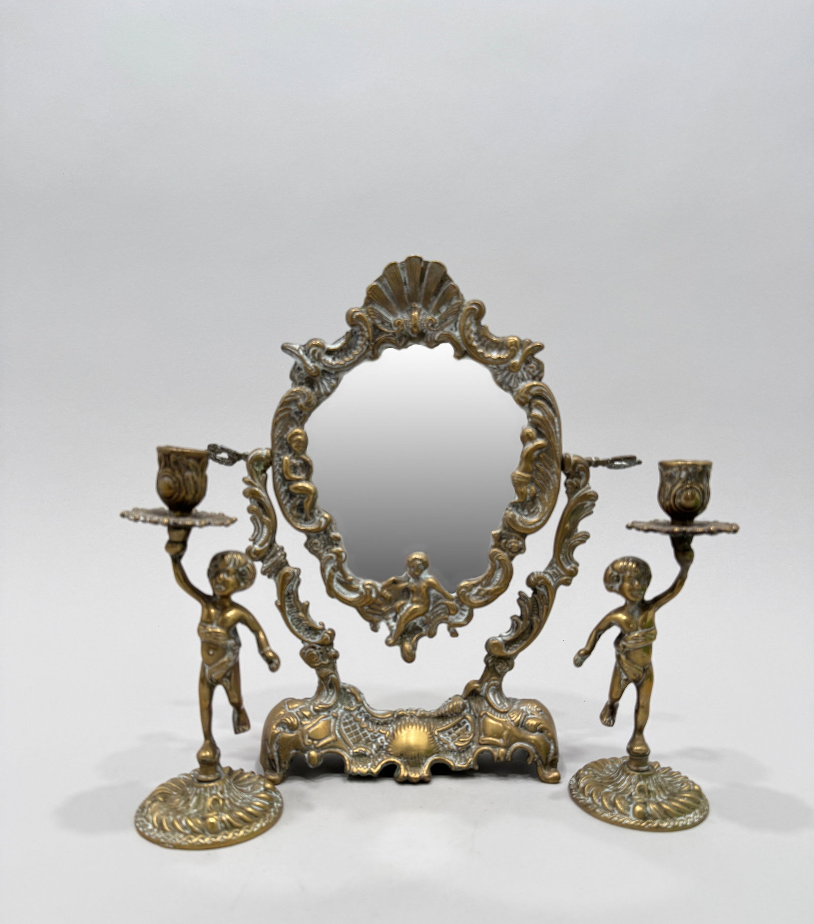 Brass Mirror and Cherub Candlesticks (1 of 3)