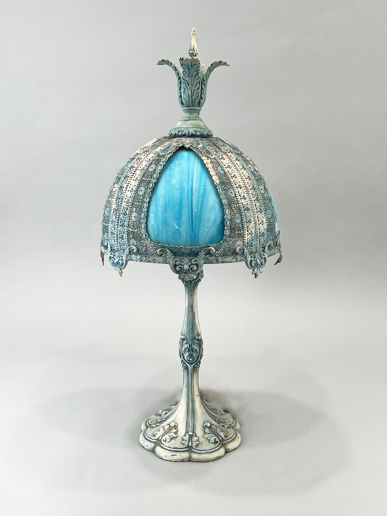 Painted Metal Lamp with Slag Glass Shade: Painted cast metal lamp with slag glass shade. Dimensions: 34" tall. 10lb 2oz.