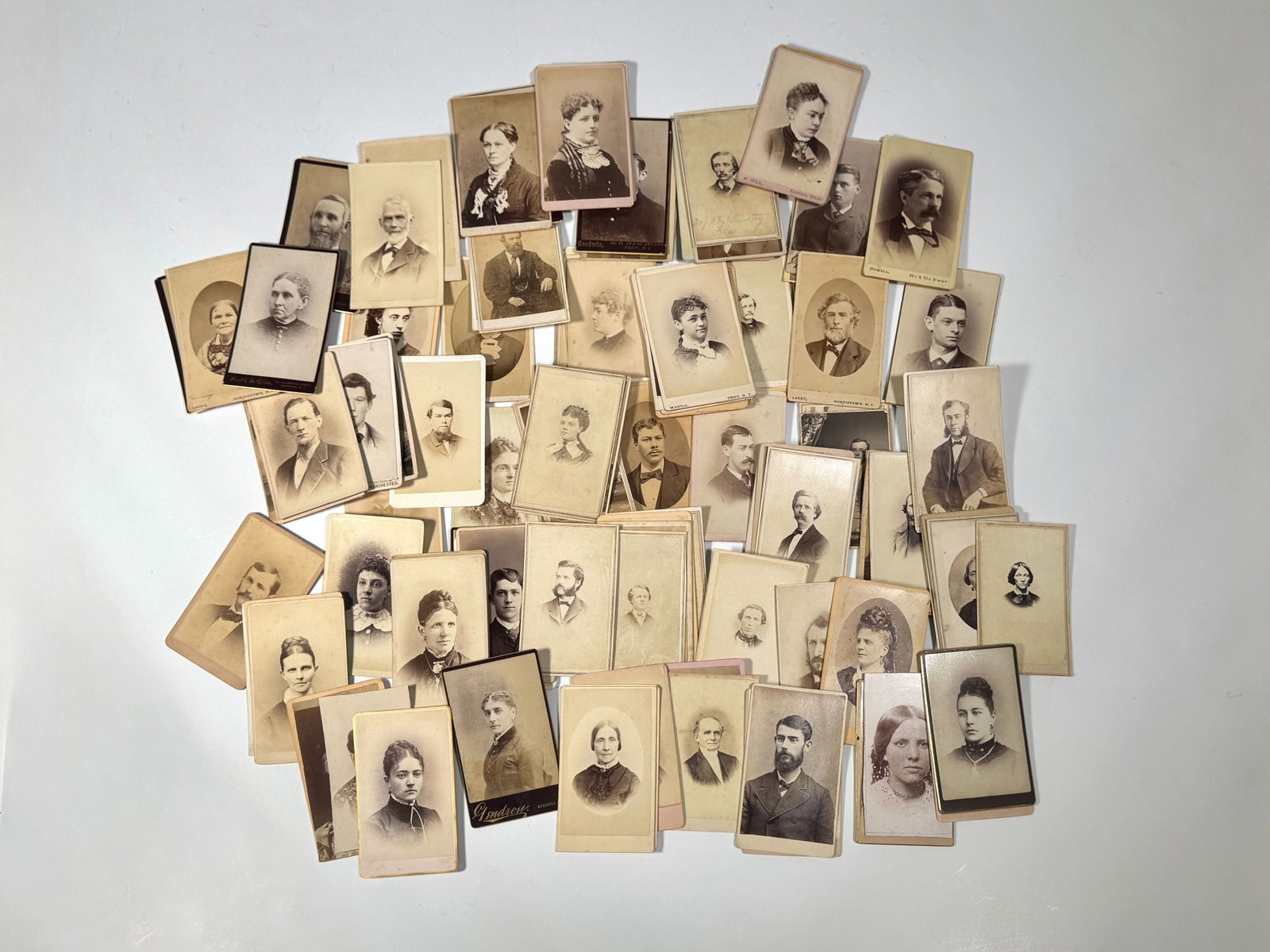 Collection of 129 Antique Photograph Cards - Men and Women: Collection of 129 carte-de-visite photographs of men and women. Cards contain a number of photographers' stamps - see photos for details. Largest 4.25" x 2.5" Weight: 1lb 2.5oz