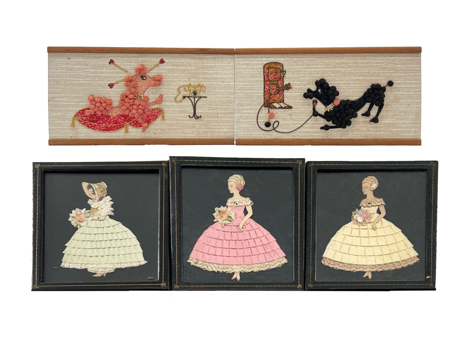 Group of Five Framed Textile Artworks: A group of five framed textile artworks, including three of women with ribbon dresses and two mid-century renditions of poodles. Weight: 5lb 2oz. Largest item: 18.25'' x 9.5''