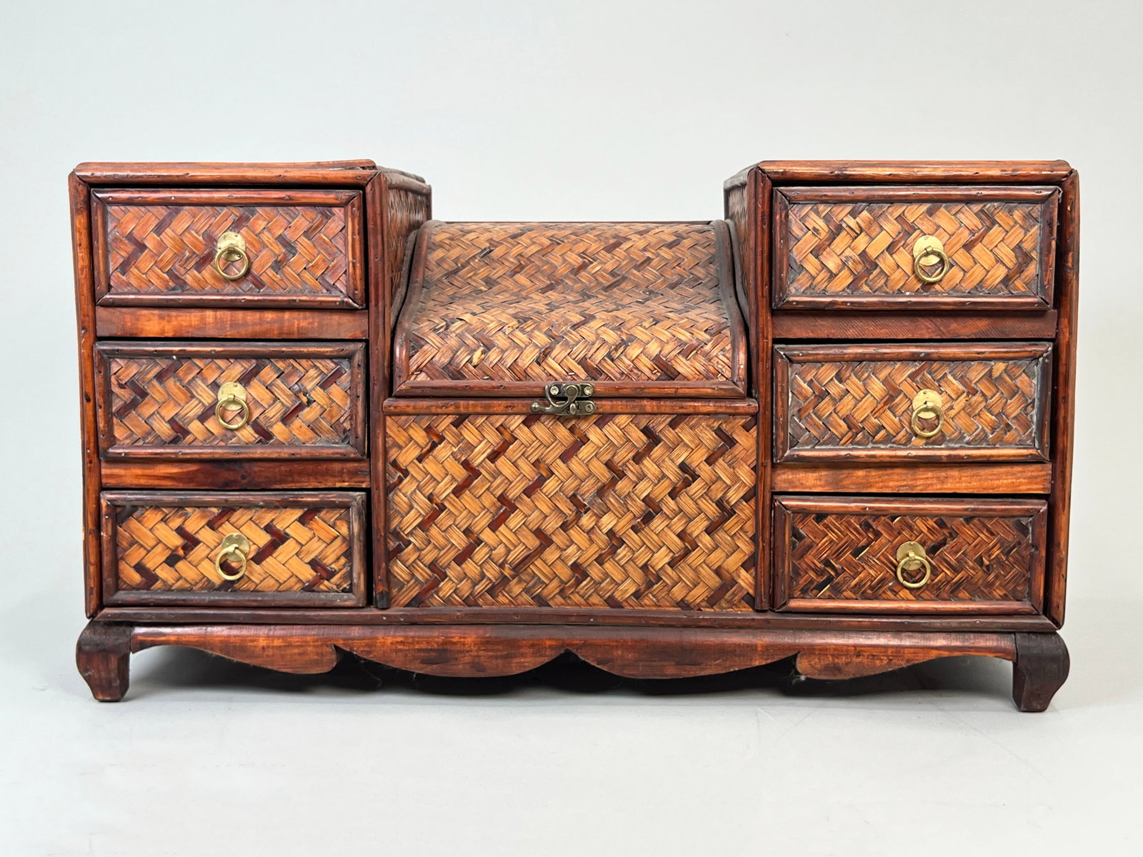 Bamboo and Wood Cabinet with Drawers: Bamboo and wood cabinet with drawers by unknown maker. Weight: 14.05lb. Dimensions: 26" wide. 