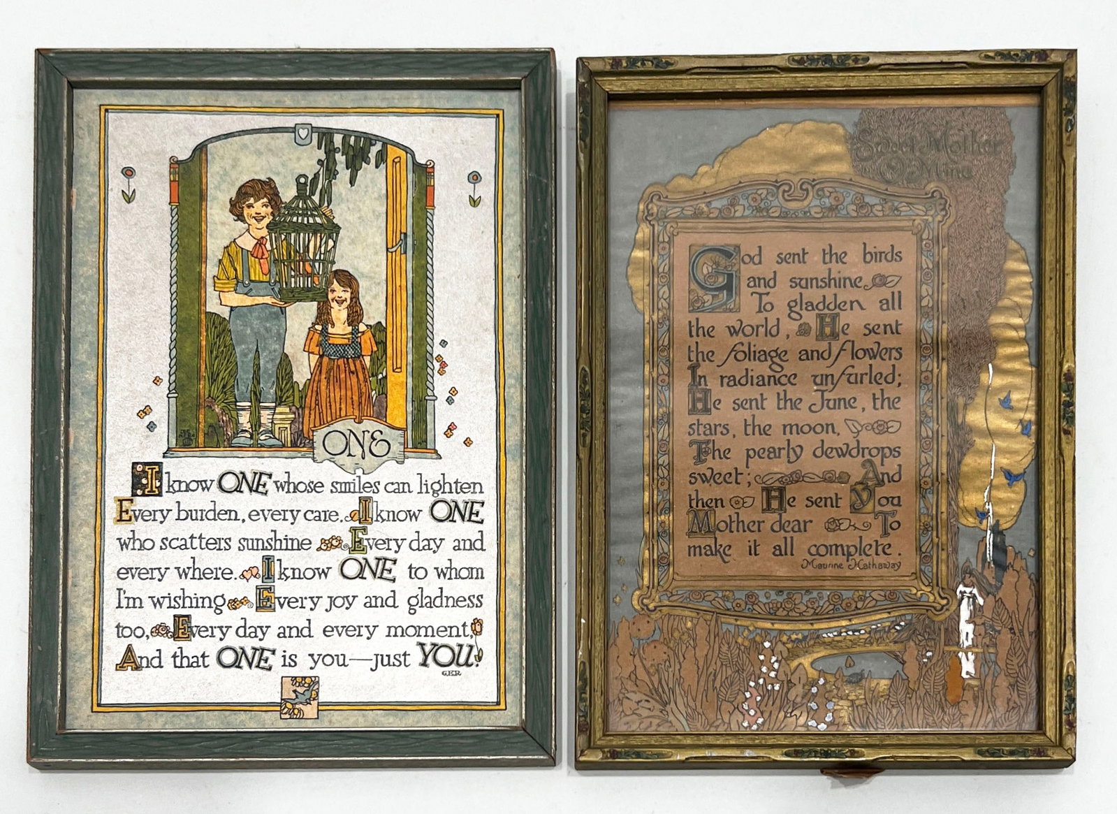 Two Framed Illuminated Poems: Two framed prints featuring poems and an illustrations. The poem on the left is by Maurine Hathaway. Total Weight: 1lb. Size: 10.5'' x 8'' approx. 