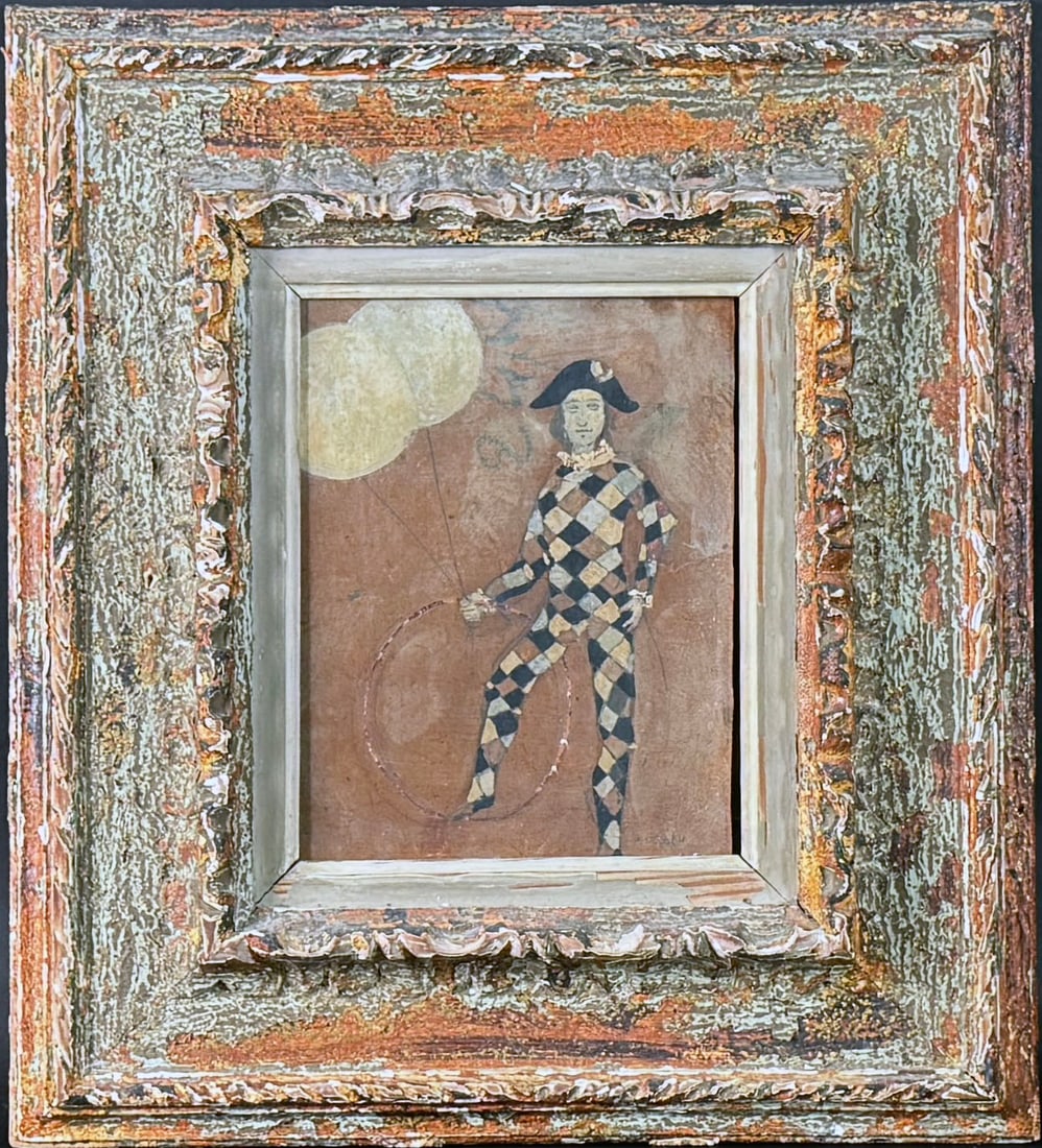 Oil Painting by Paul Lucien Dessau: Oil on board painting depicting a harlequin figure with balloons by Paul Lucien Dessau (1909-1999), signed bottom right. Frame dimensions: 18.25 x 16.5 inches. Sight dimensions: 9 x 7 inches.&nbs