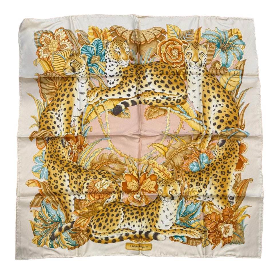 Salvatore Ferragamo Silk Scarf: A silk scarf with a floral/cheetah pattern by Salvatore Ferragamo. Comes in original packaging. Weight: Dimensions: 34" x 34"