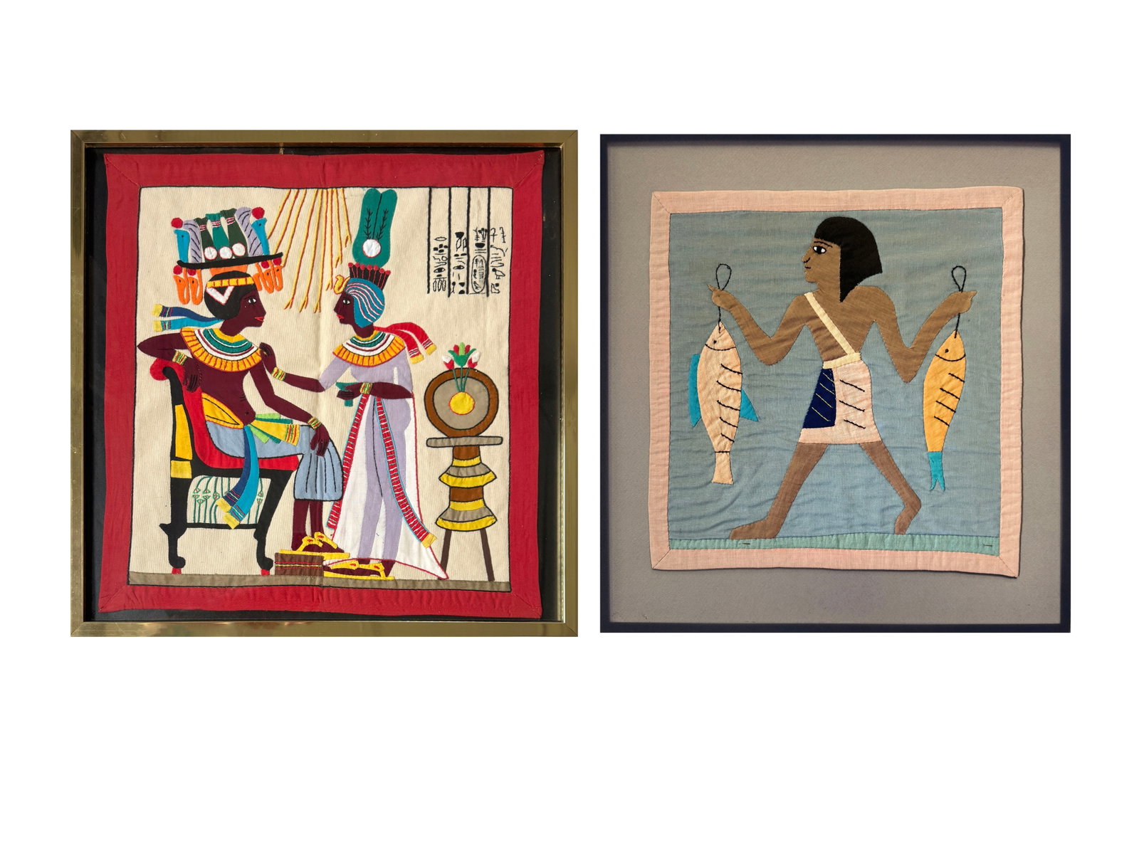 Two Egyptian Style Textile Works: Group of two Egyptian-style textile artworks by unknown artist(s). Right: Frame dimensions: 23" x 22 1/4" Sight dimensions: 21 3/4" x 20 7/8" Left: Mat dimensions: 22