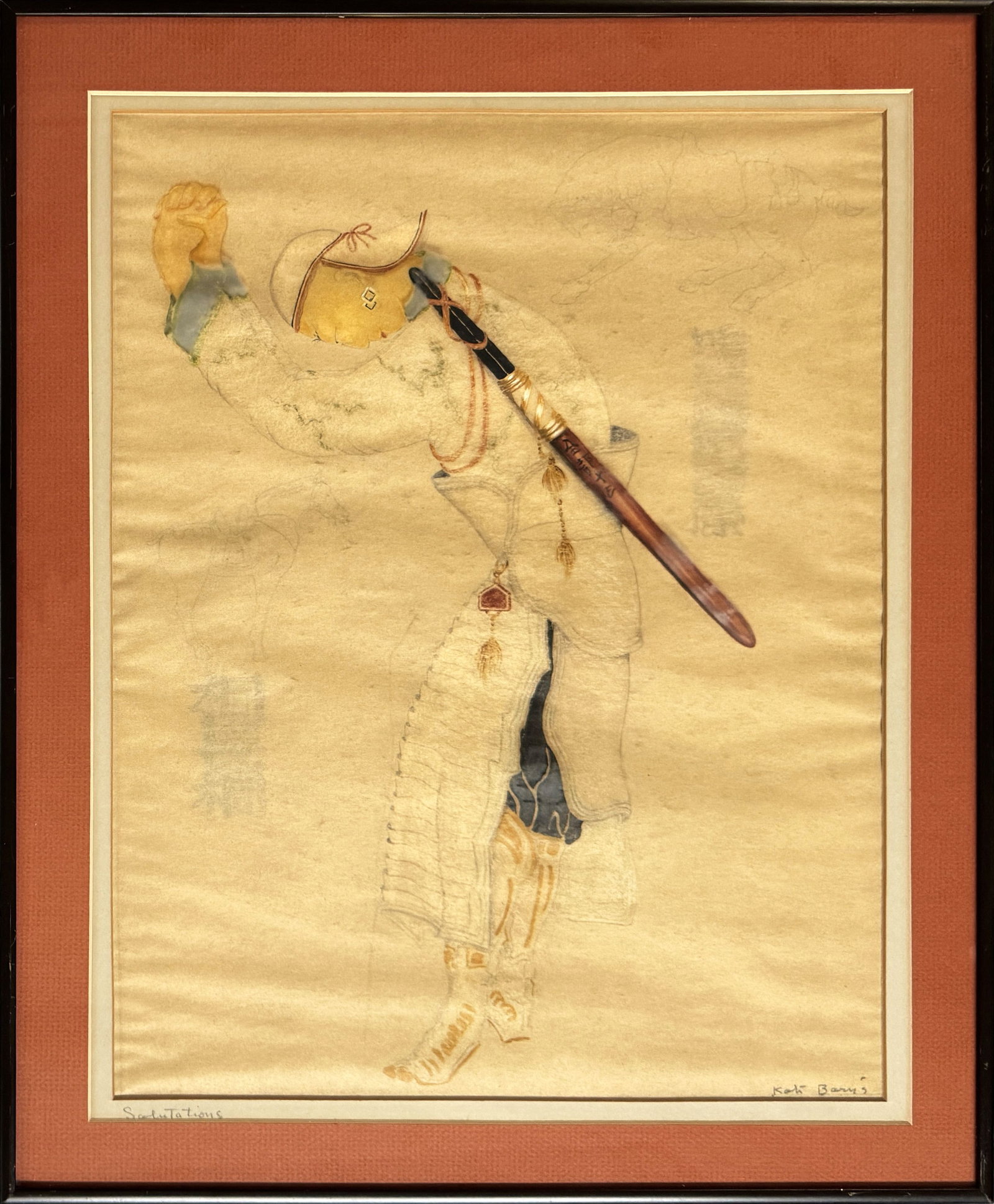 "Salutations" Painting by Unknown Artist: Framed Asian-style painting of a figure by unknown artist. Titled "Salutations" in lower left, signed lower right. Frame dimensions: 20 1/4" x 16 1/4" Sight