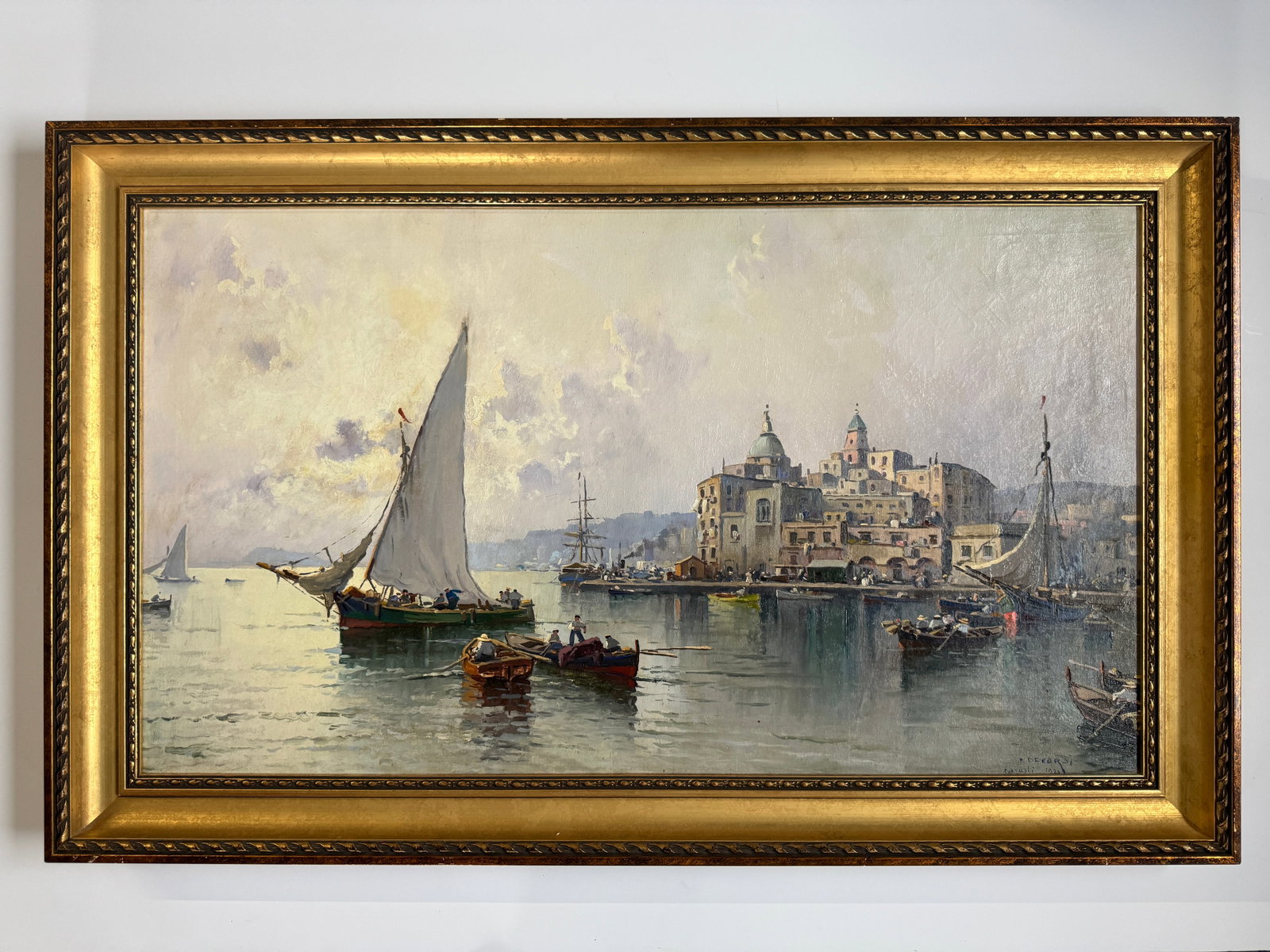 Italian Oil on Canvas Painting by Nicolo Corsi: Oil on canvas painting by Nicolas de Corsi, 1921 Frame Dimensions: 28 1/4 x 45 1/2" Sight Dimensions: 22 1/2" x 39 1/4"