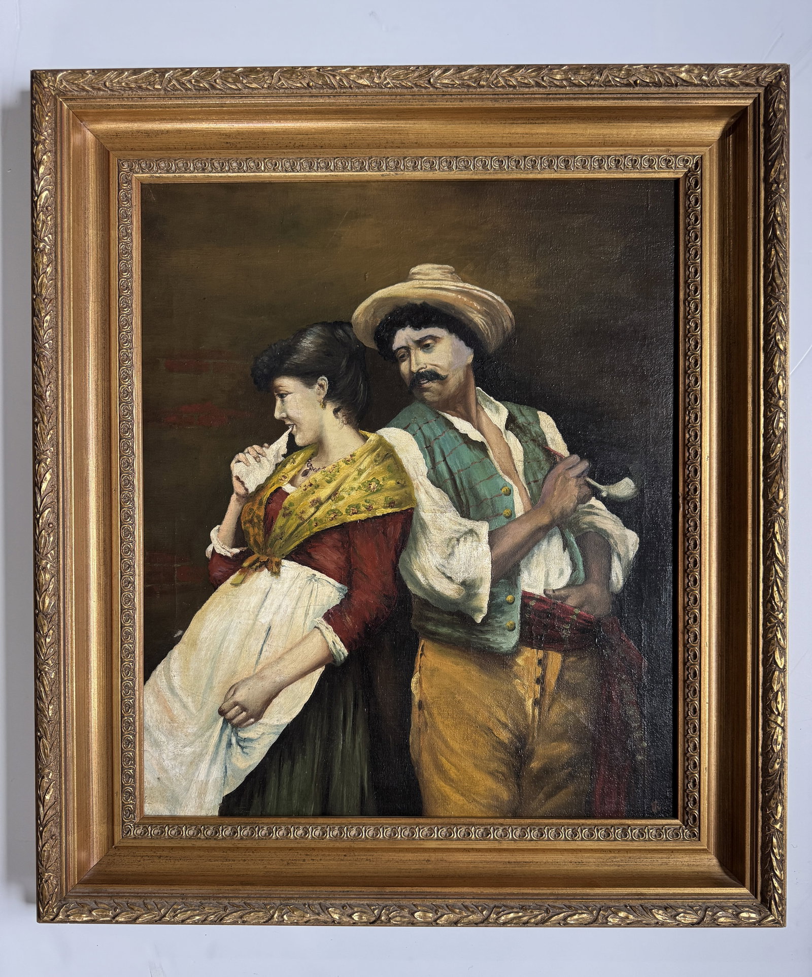 Antique Oil on Canvas Painting: Oil on canvas painting, late 19th century/early 20th century, initialed lower right. Frame Dimensions: 34" x 30" Sight Dimensions: 25 1/2" x 21 1/2"
