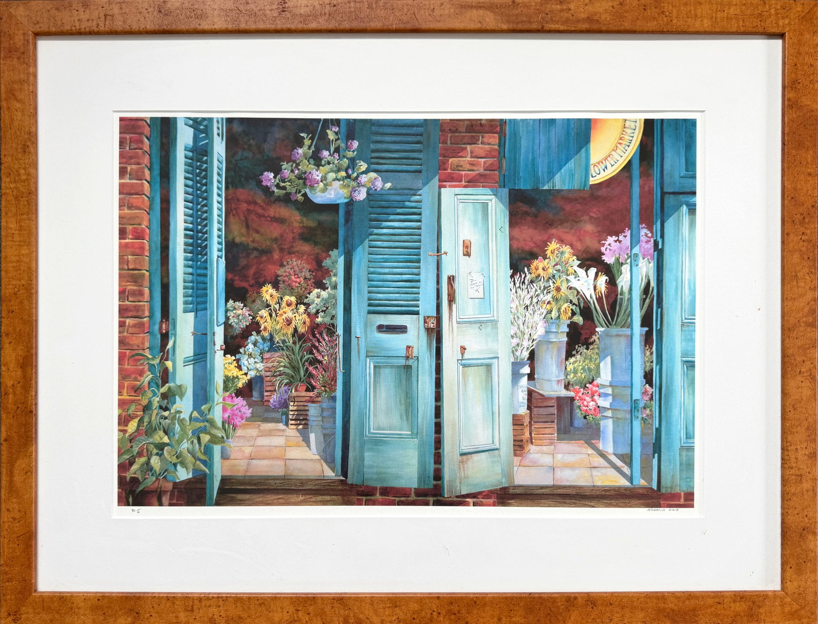 "Big Easy Flower Market" Giclee By Andrew Kusmin: Framed giclee print of a painting by Andrew Kusmin, editioned lower left and signed lower right. Frame Dimensions: 23"x 29 1/2" Sight Dimensions: 15" x 21 1/2"