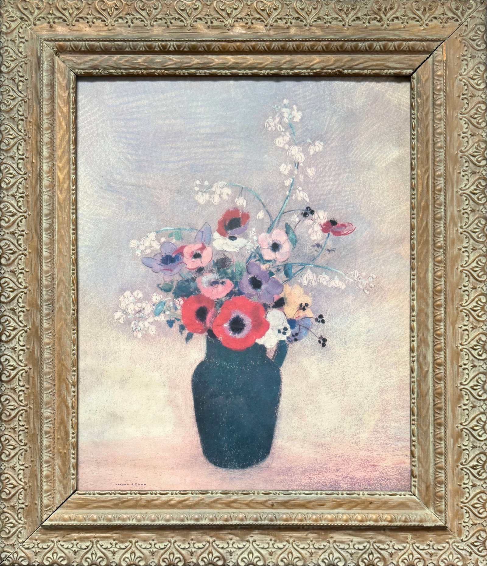 Framed Print of "Large Green Vase with Mixed Flowers" by Odilon Redon: Framed art print of "Large Green Vase with Mixed Flowers" by Odilon Redon. Signature in the bottom left. Frame dimensions: 26 1/2" x 22 3/4" Sight dimensions: 19 1/2" x 15