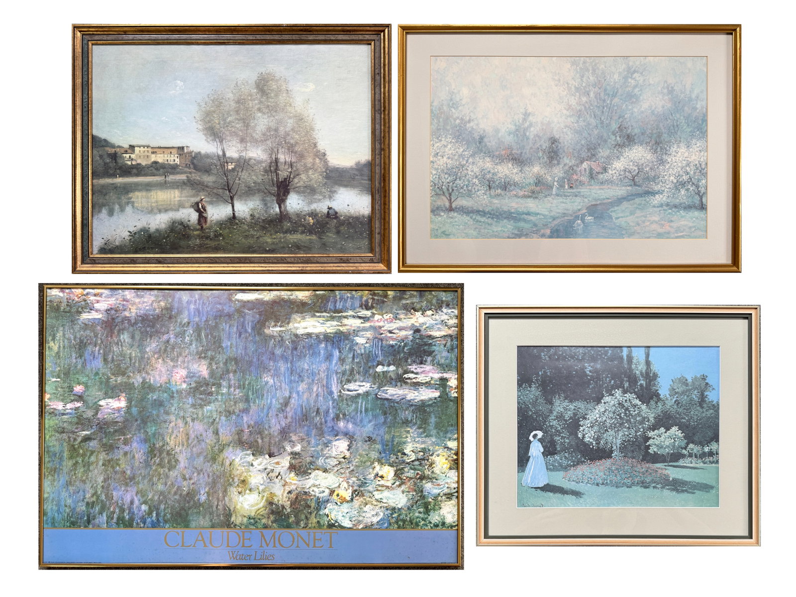 Group of Four Framed Landscape Art Prints: Four framed landscape art prints. Includes prints of paintings by Monet and Corot. Dimensions (Listed in the order that the pieces are shown) a) Frame dimensions: 21 1/2" x 27 1/2" , Sight