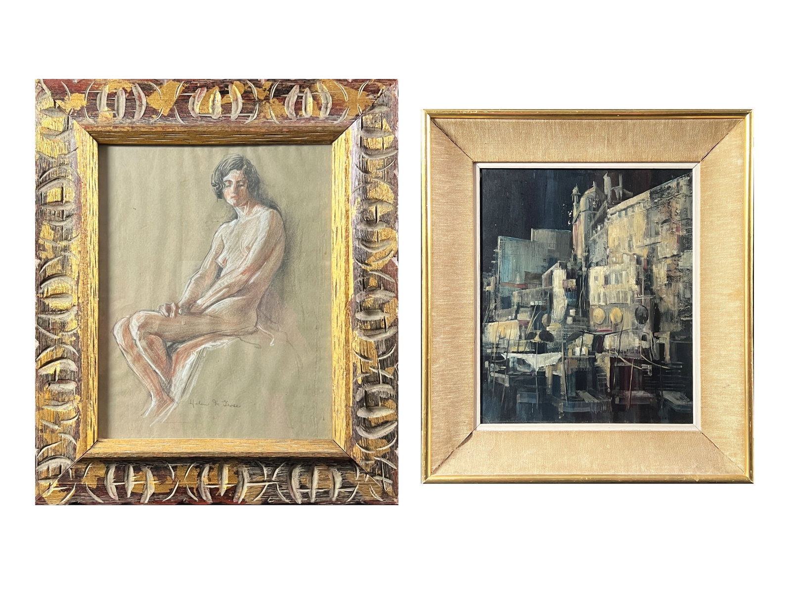 Two Framed Art Pieces: Nude Study and Cityscape: This lot features two framed artworks. The first is a charcoal and pastel drawing of a seated nude figure, signed 'Helen M. Grose' in the bottom right. The second is an oil painting depicting 