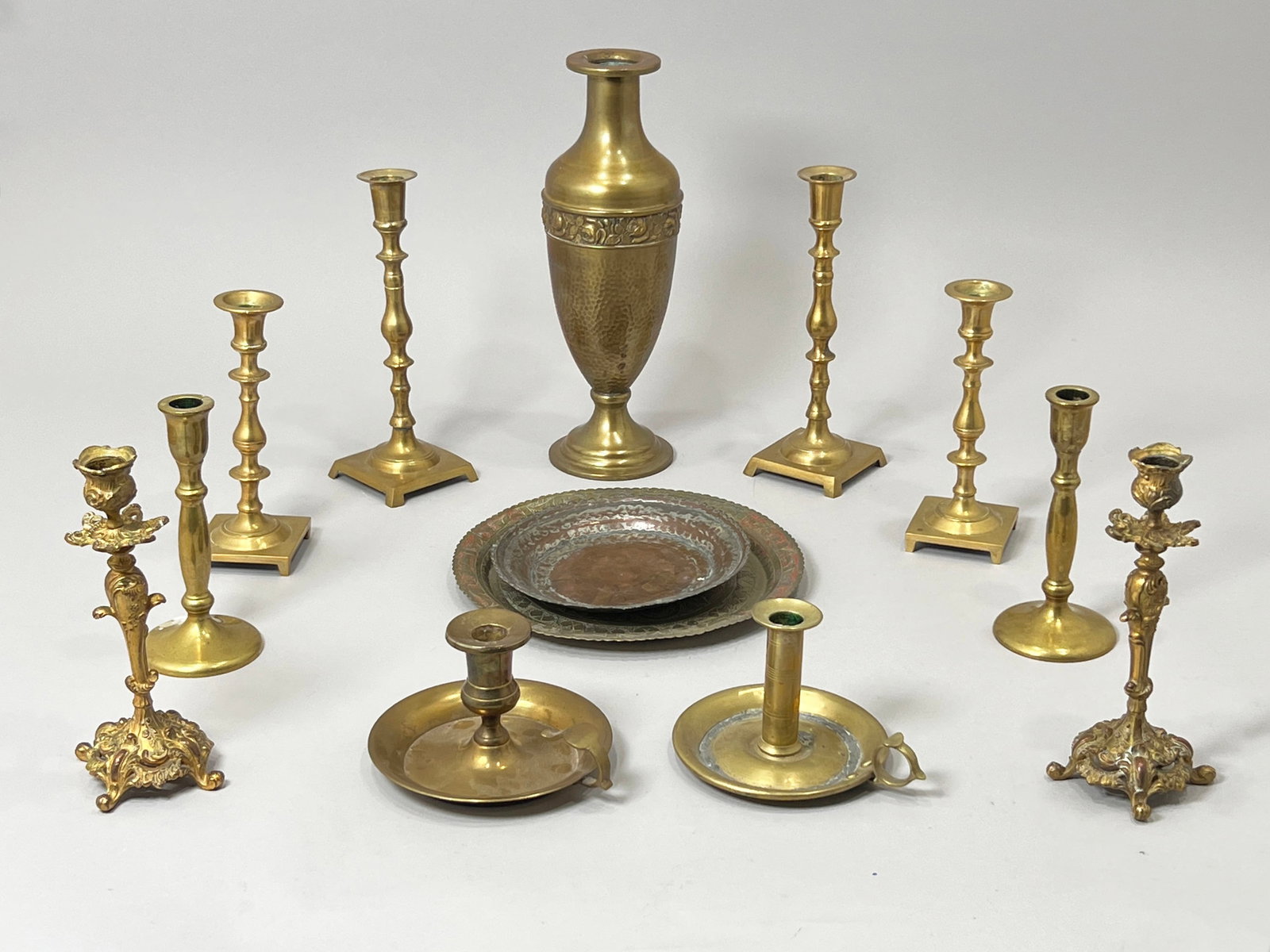 Collection of Brass Candlesticks, Vase, and Trays (1 of 5)